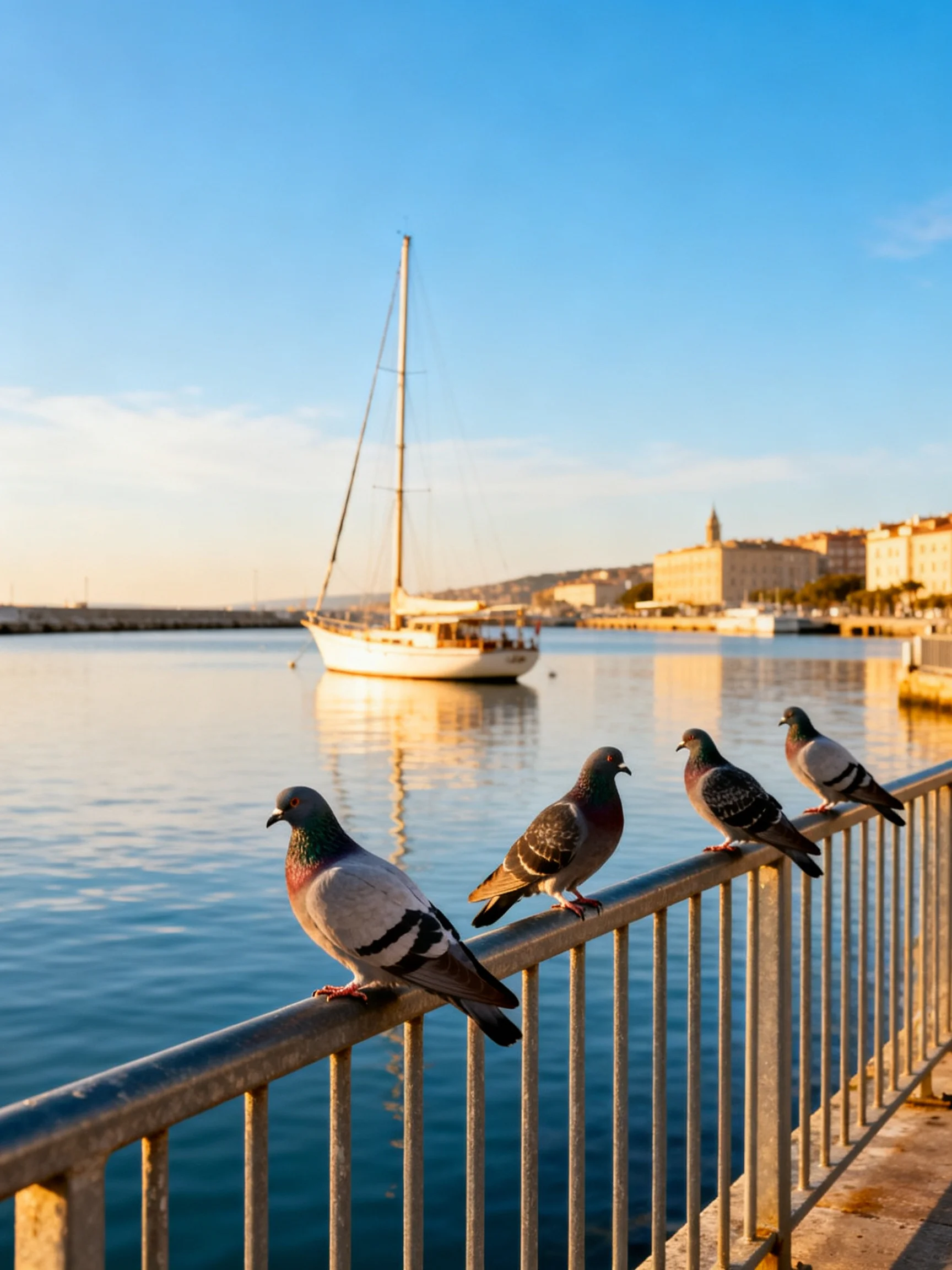 Four pigeons perch on a metal railing near a white sailboat in a calm harbor