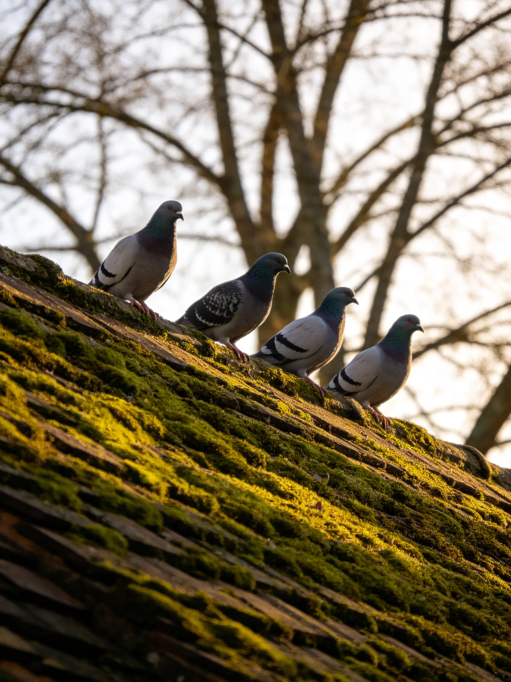 Four pigeons perch on a moss-covered rooftop near bare trees