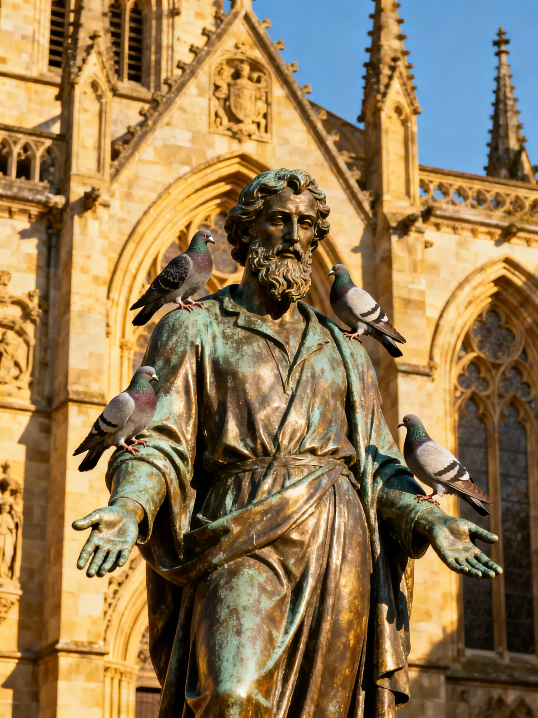 Four pigeons gather on a bronze statue outside a historic Gothic cathedral.
