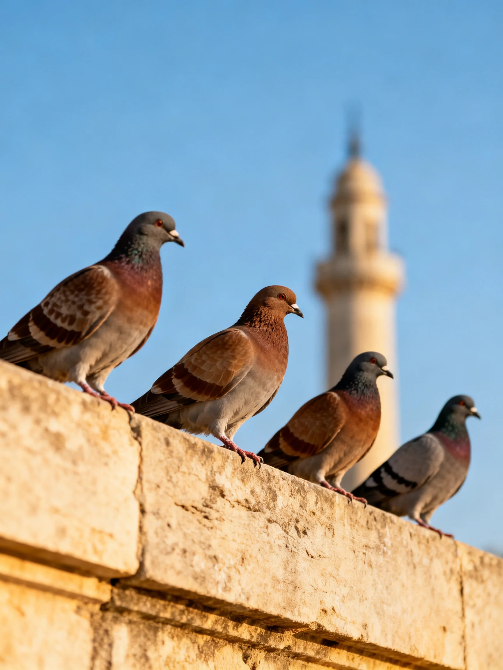 Four pigeons perch on a weathered stone ledge near a tall minaret