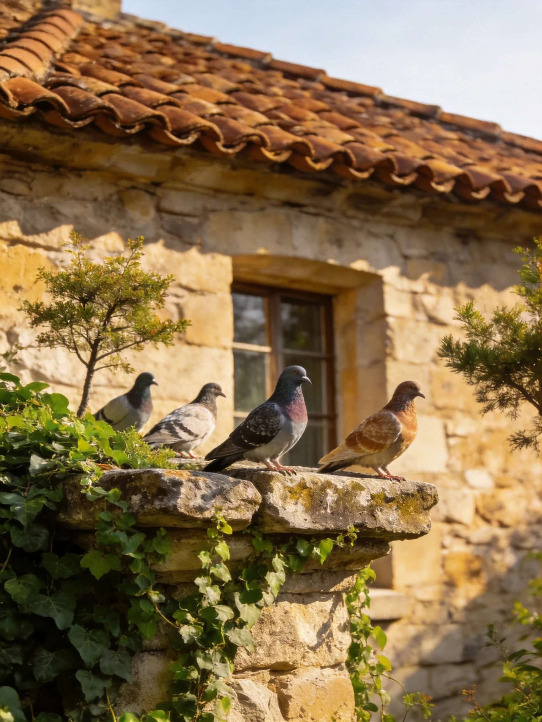 Four pigeons perch on an ivy-covered stone ledge near a rustic house