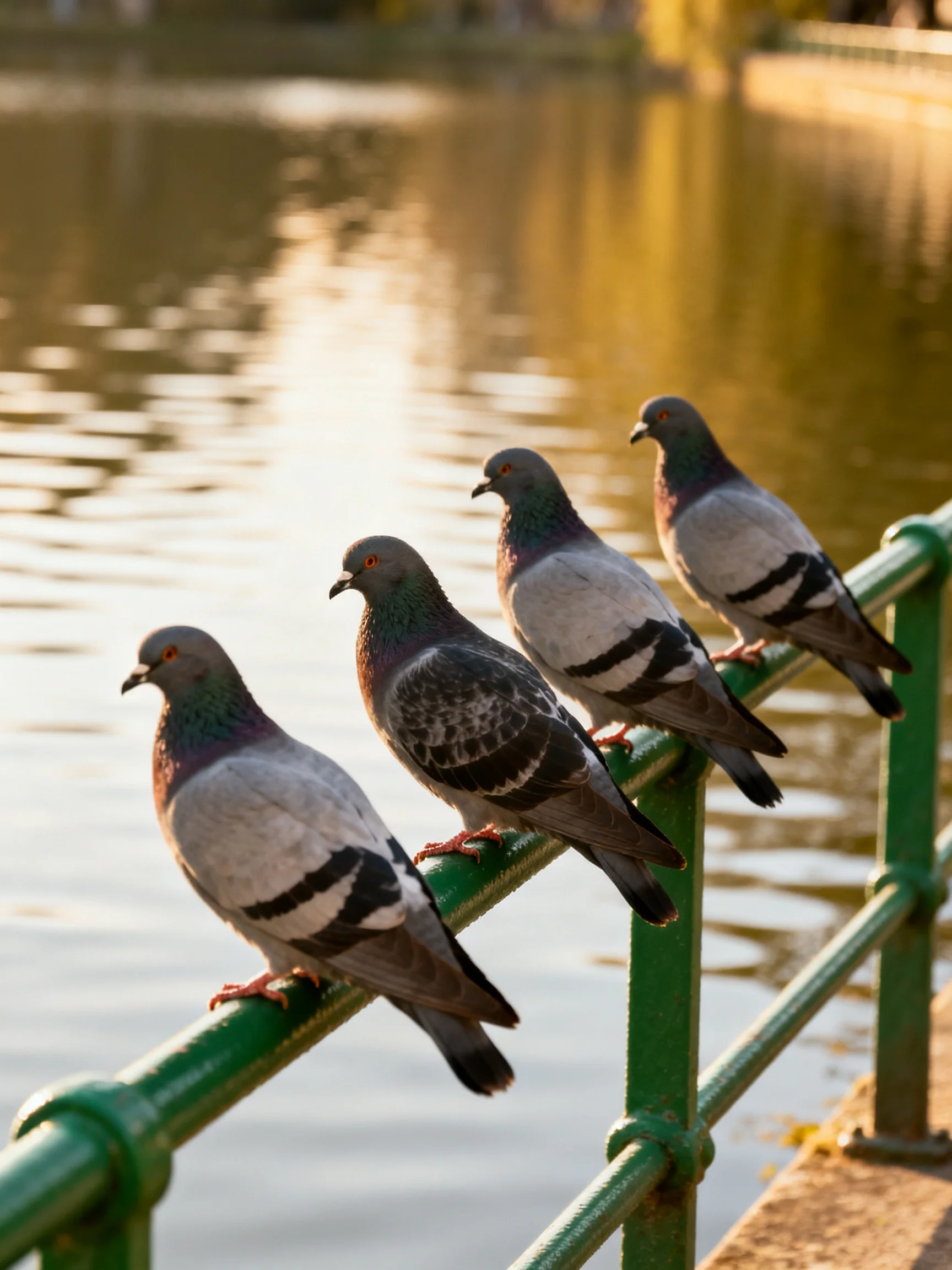 Four pigeons sit on a green railing near calm water