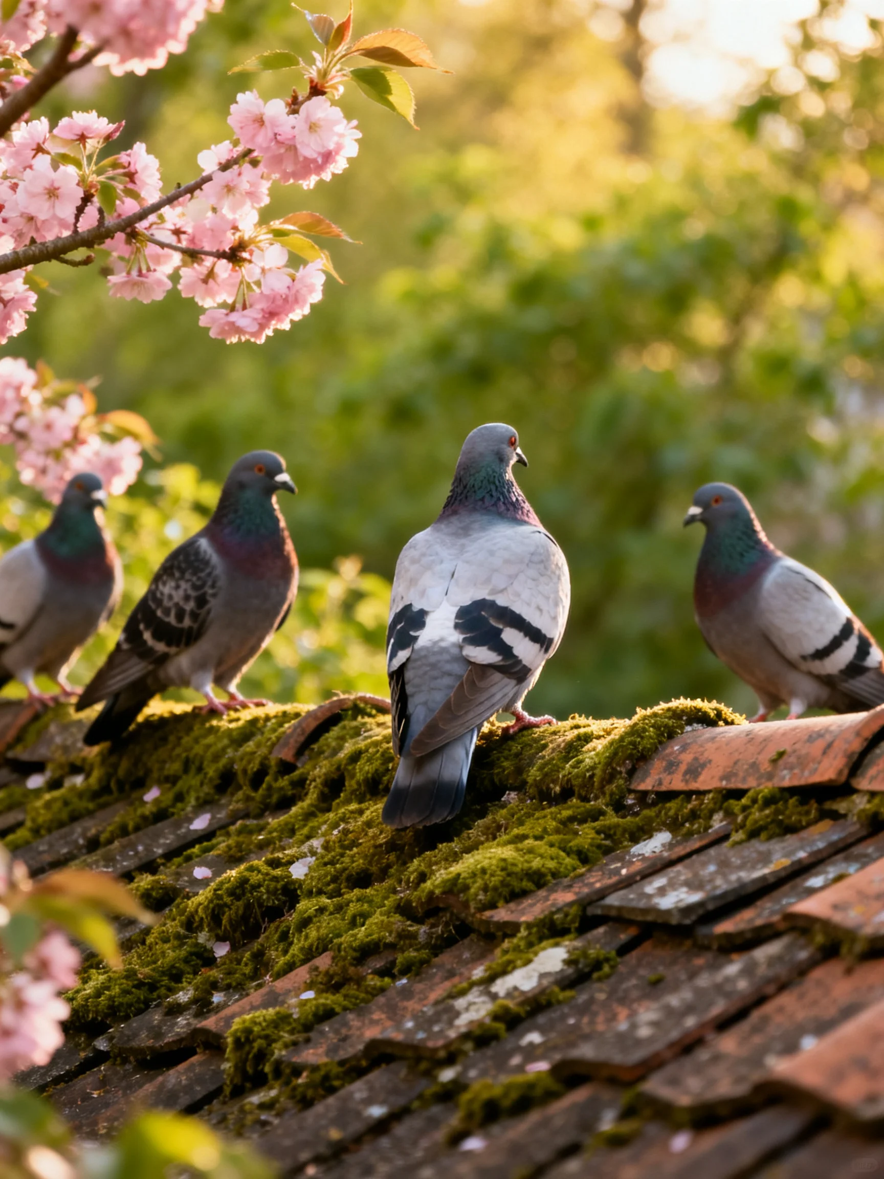 Four pigeons rest on a moss-covered roof near blooming cherry blossoms
