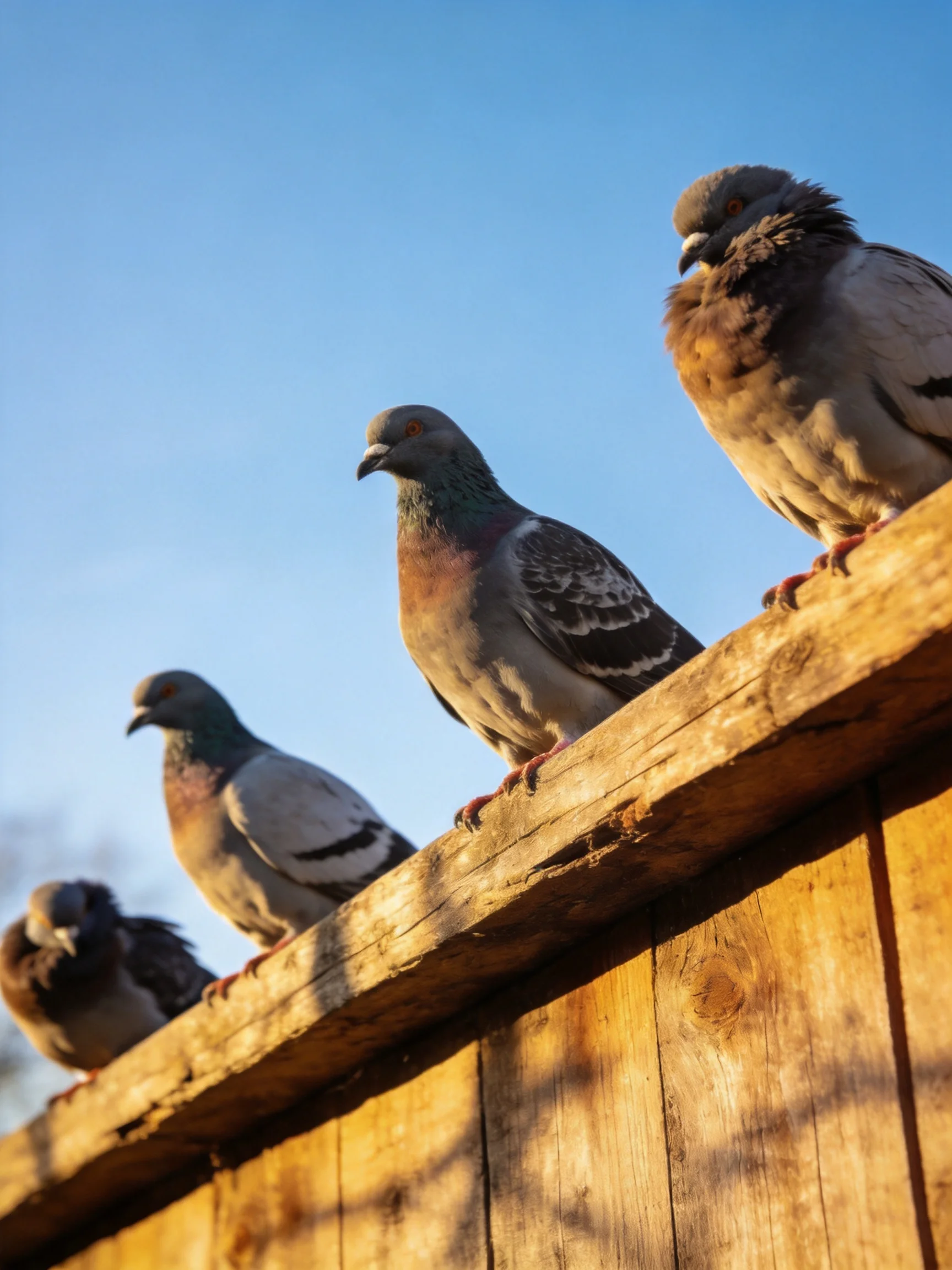 Four pigeons perch on an aged wooden fence in bright daylight.
