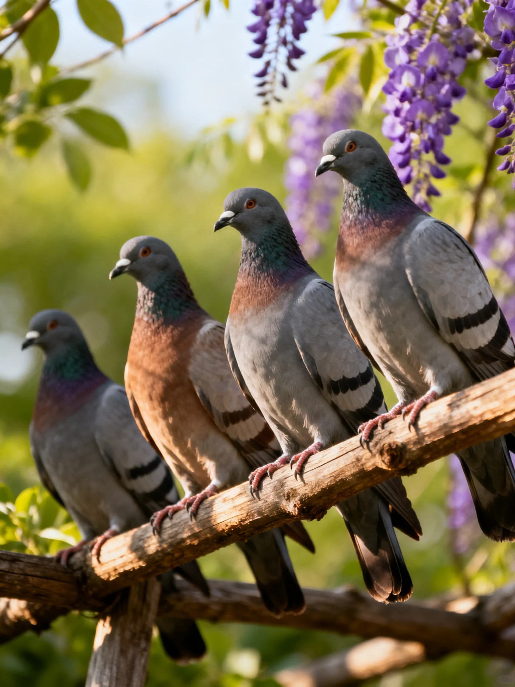 Four pigeons rest on a wooden branch amid vibrant purple blooms