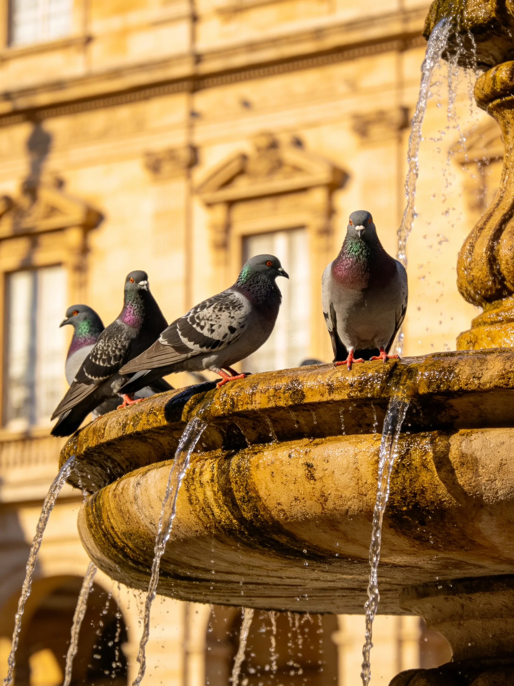 Four pigeons rest on an aged stone fountain near a historic building