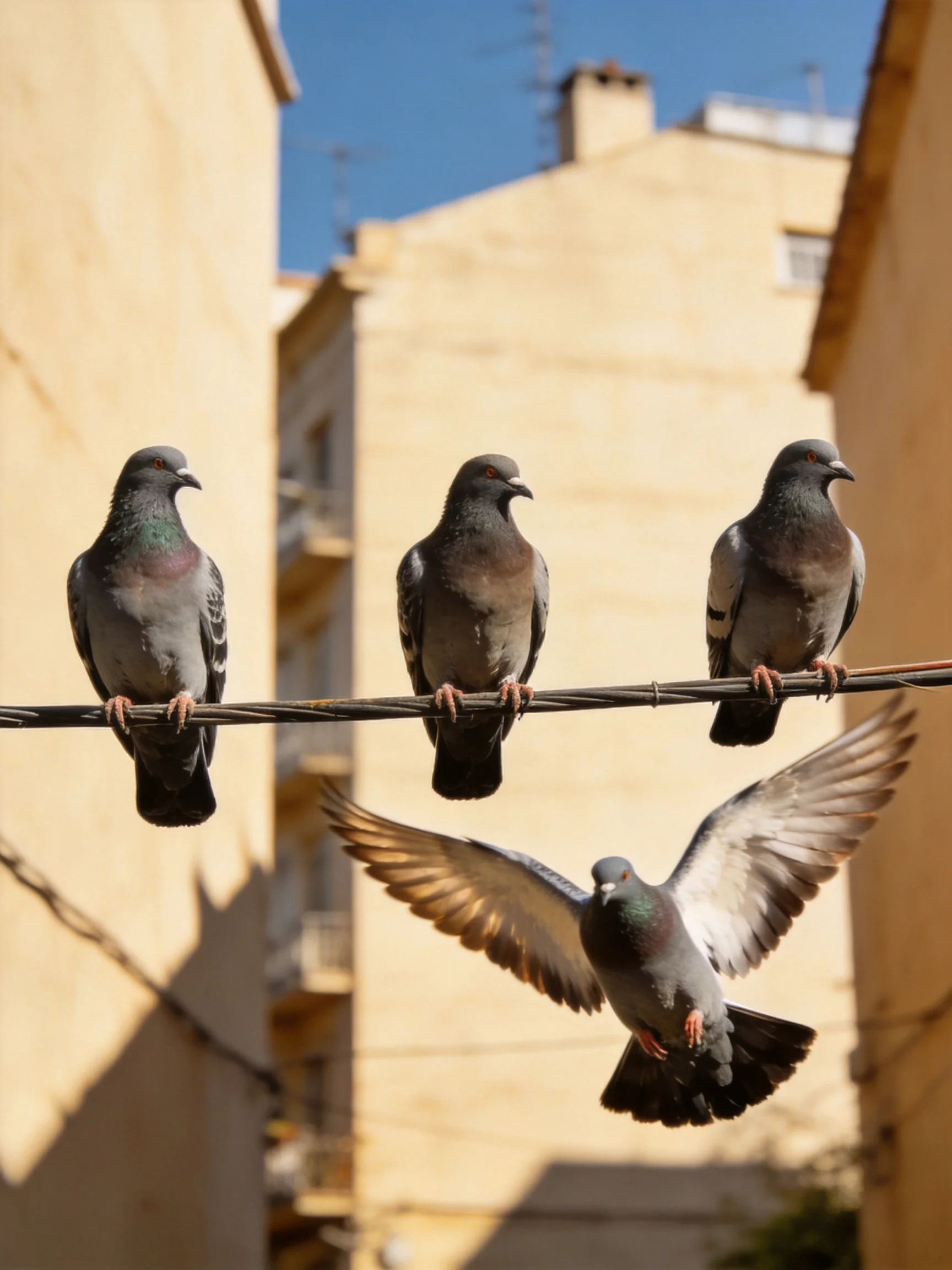 Four pigeons, three sitting, one flying, near buildings.