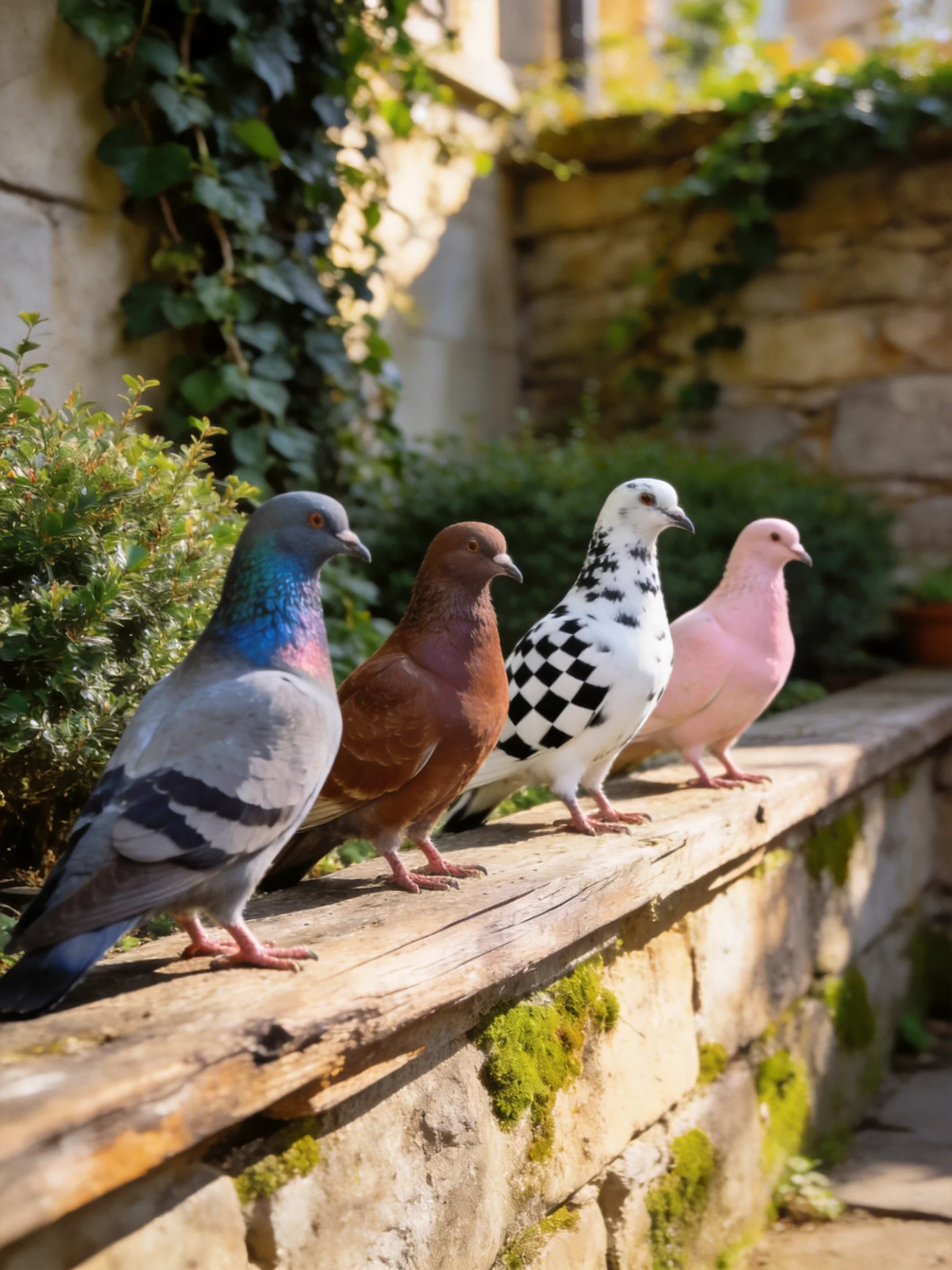 Four pigeons with distinct plumage colors on a weathered ledge