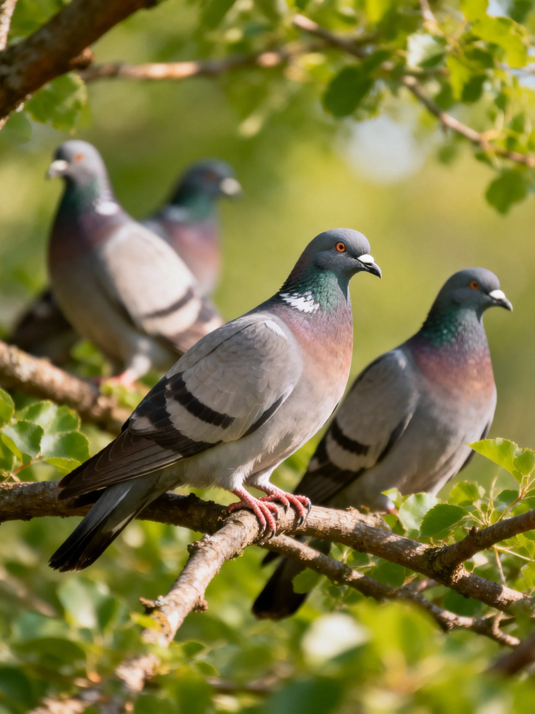 Four pigeons with gray and purple plumage rest on tree branches among green leaves