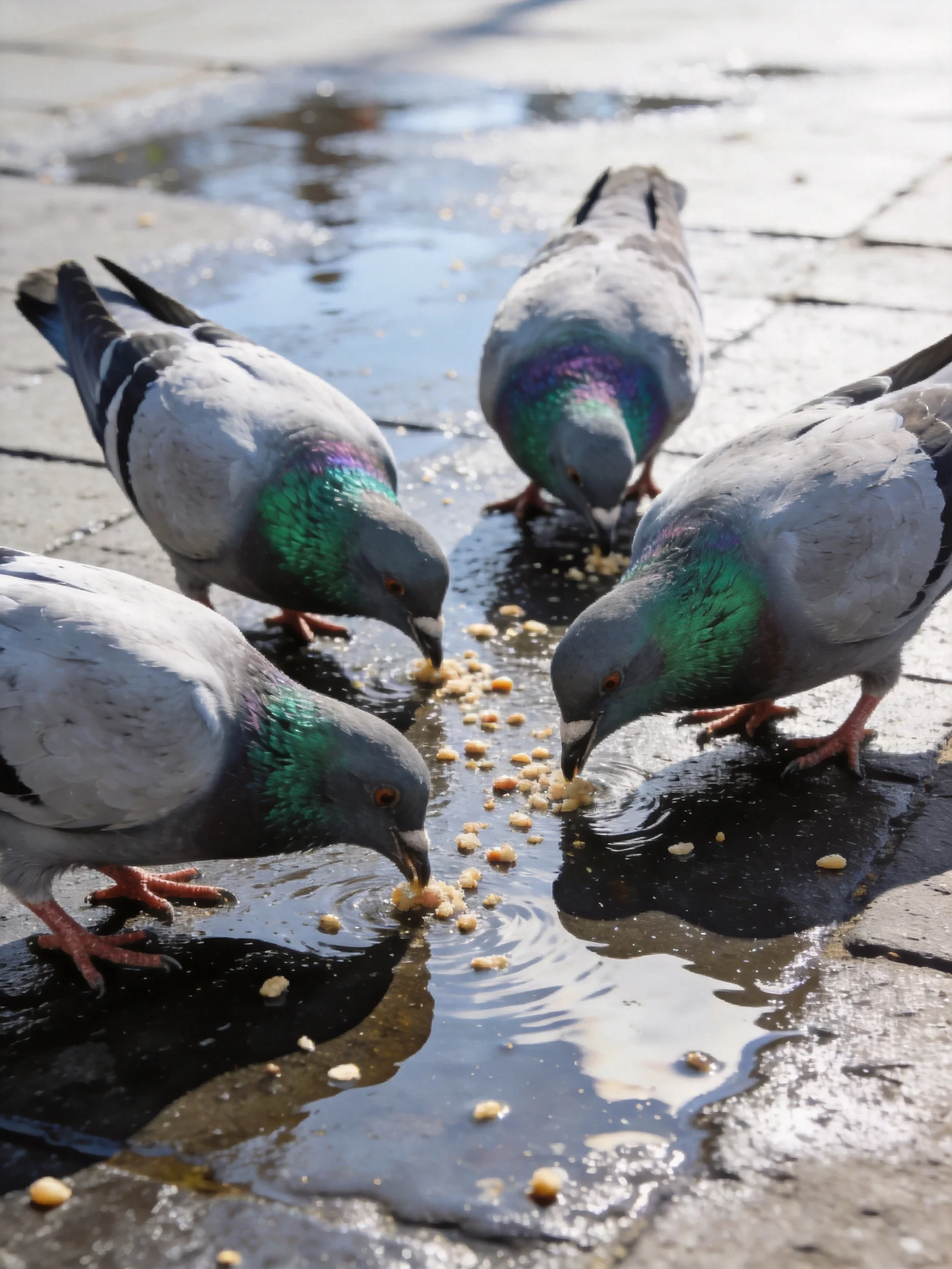 Four pigeons feed on scattered food near a wet pavement puddle.