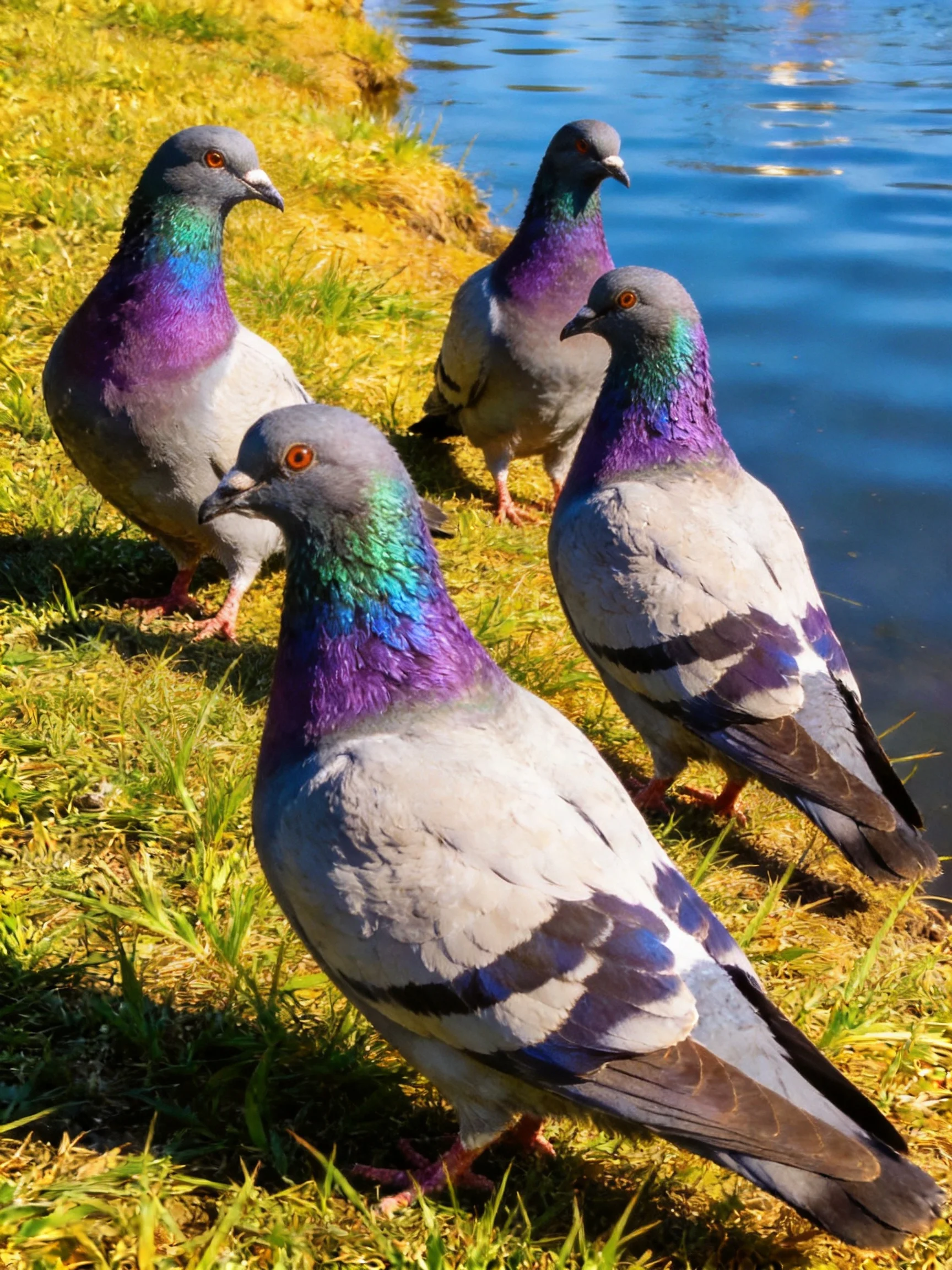 Four pigeons with iridescent plumage gather near a blue pond