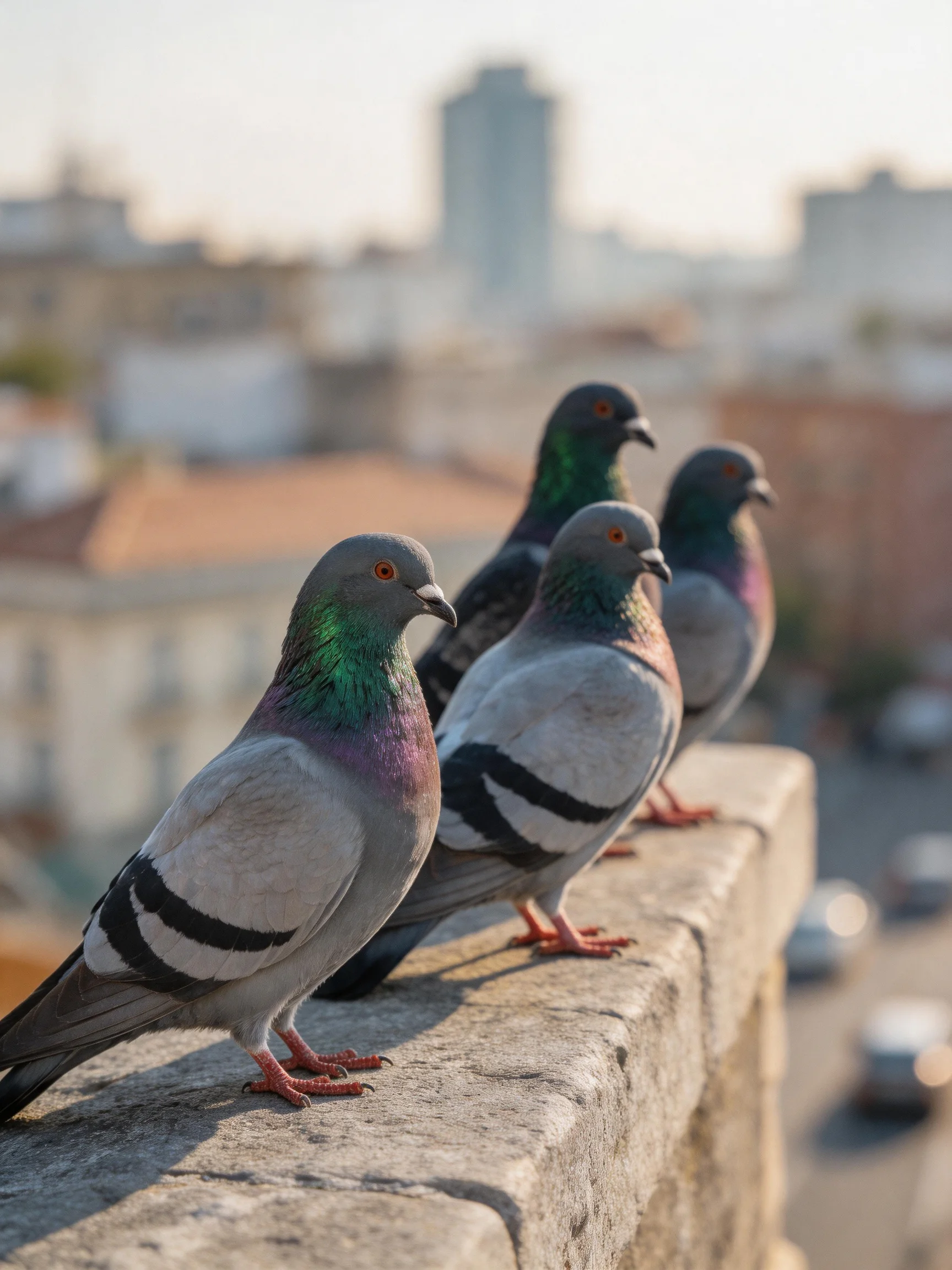 Four pigeons with iridescent plumage perch on a stone ledge overlooking a cityscape