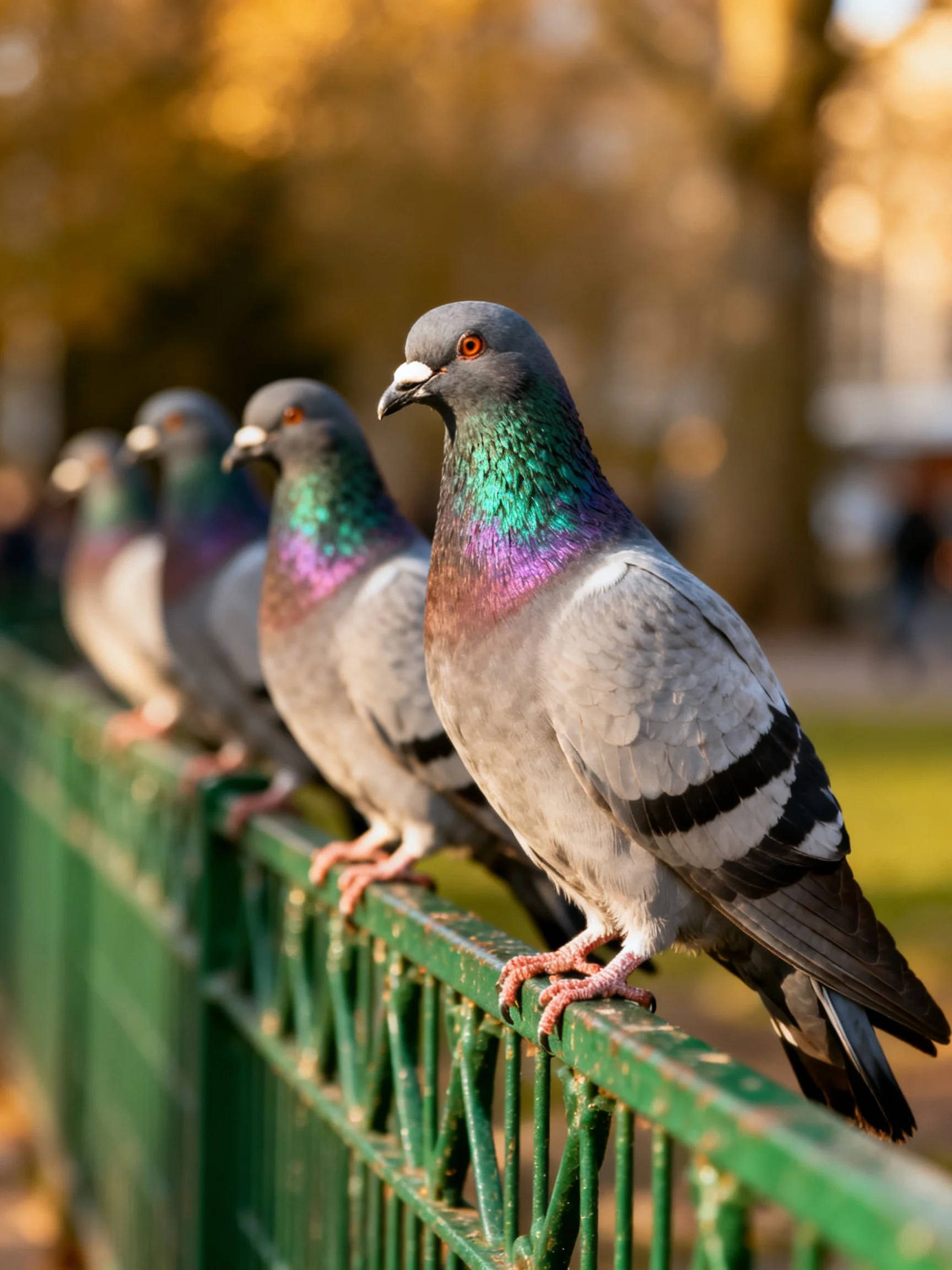 Pigeons perch in a row on a green fence with a blurred natural background.