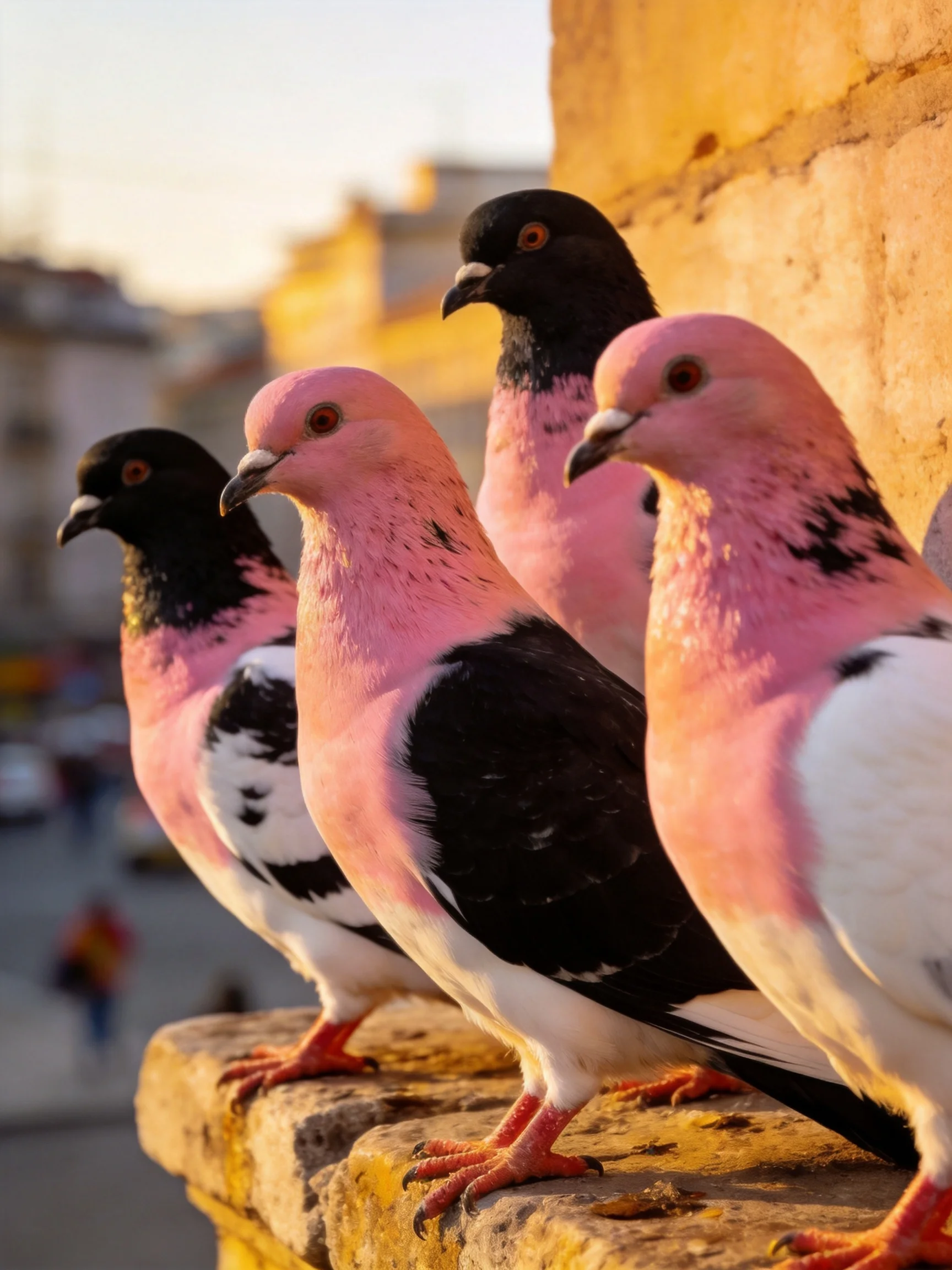Four pink and black pigeons gather on a stone ledge near an old wall