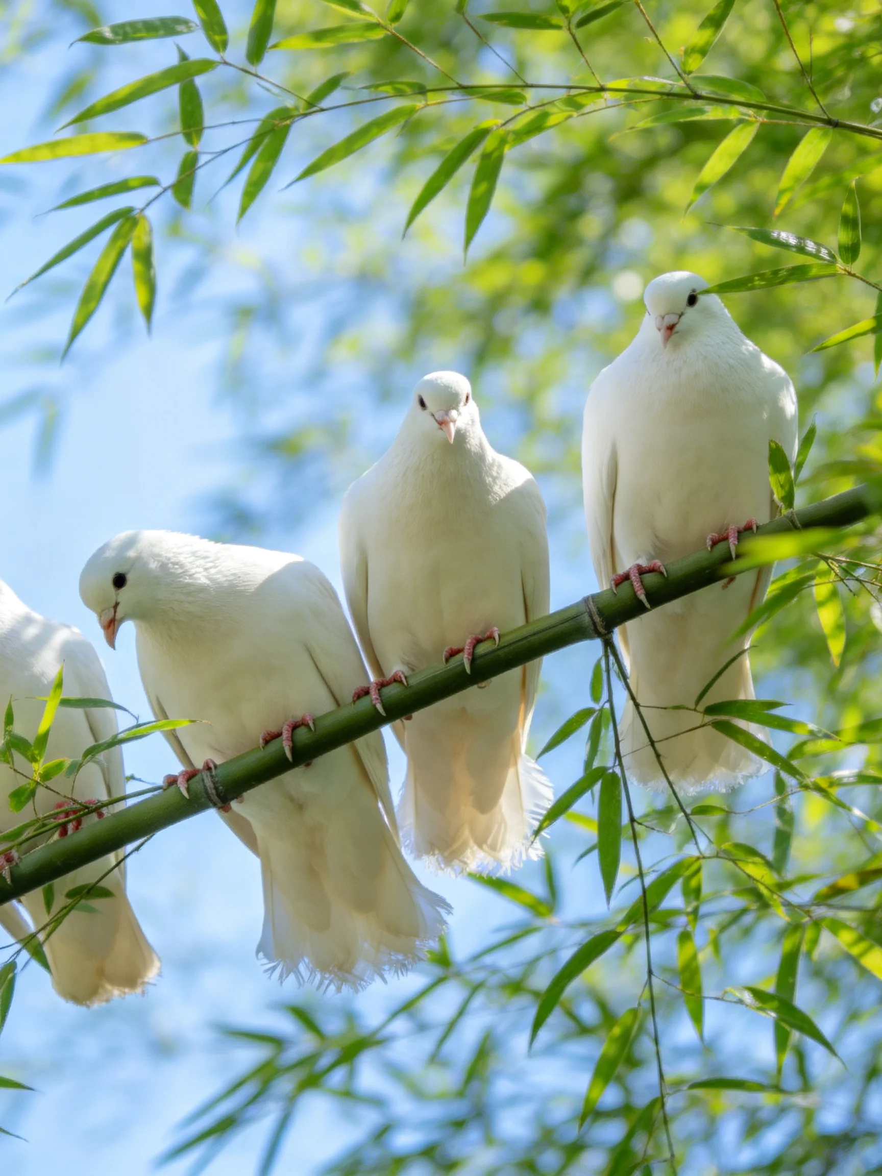 Four white doves perch on a bamboo branch amid green foliage