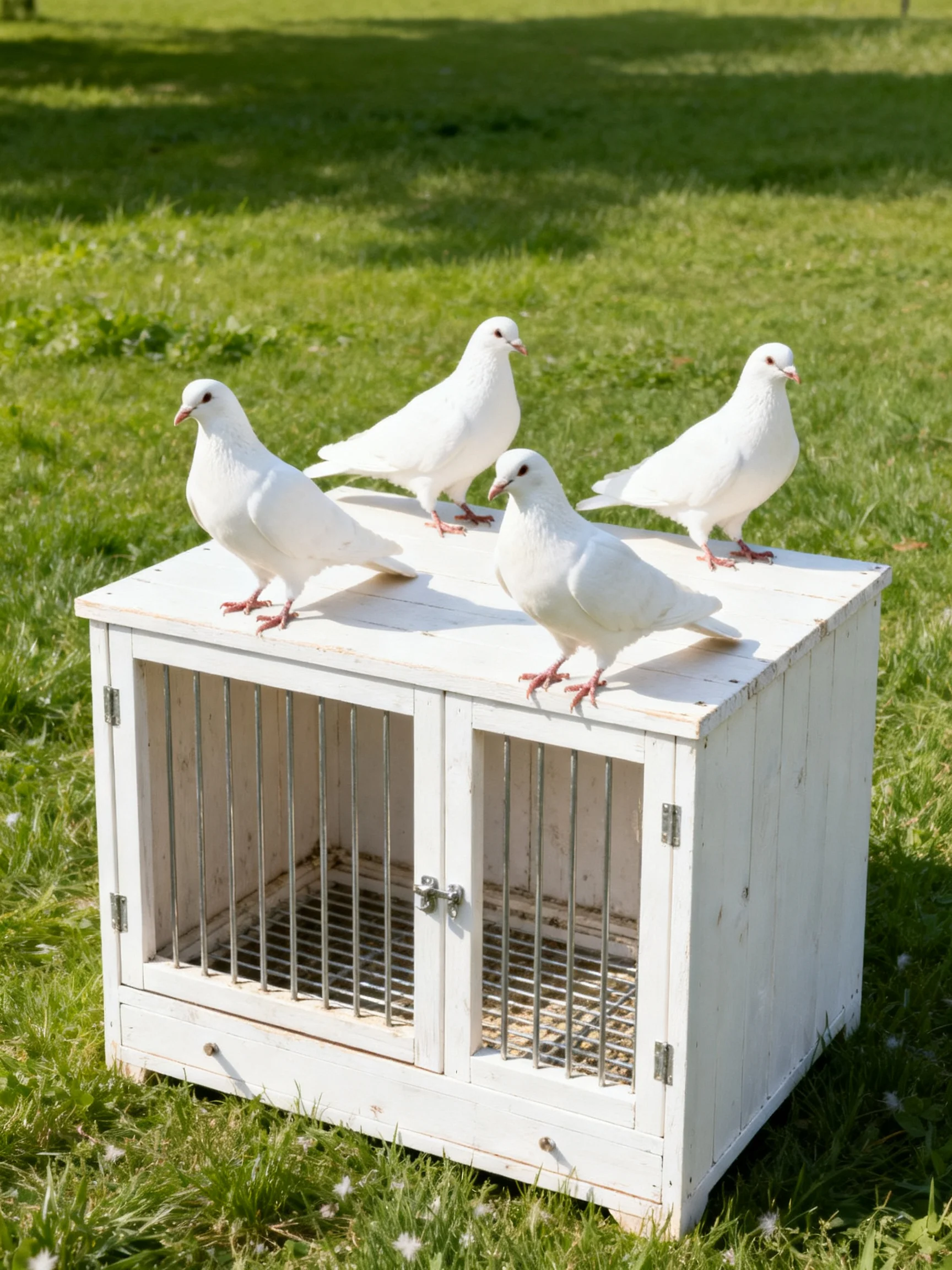 Four white pigeons sit on a small white wooden cage in a grassy outdoor setting