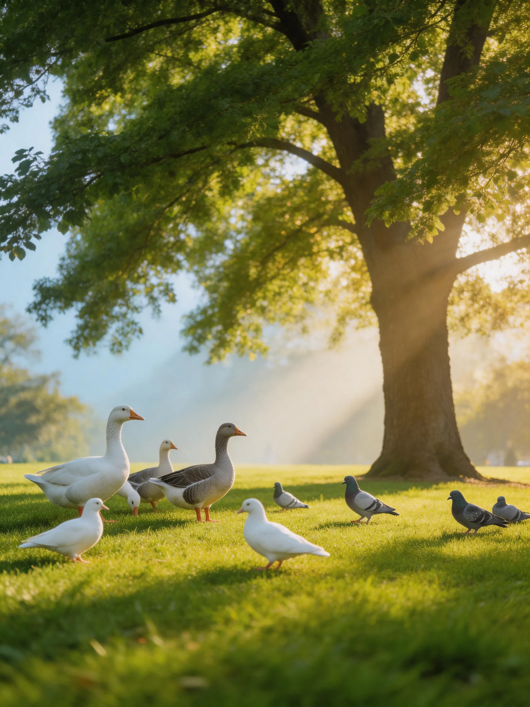 Geese and pigeons gather on sun-dappled grass beneath a large tree