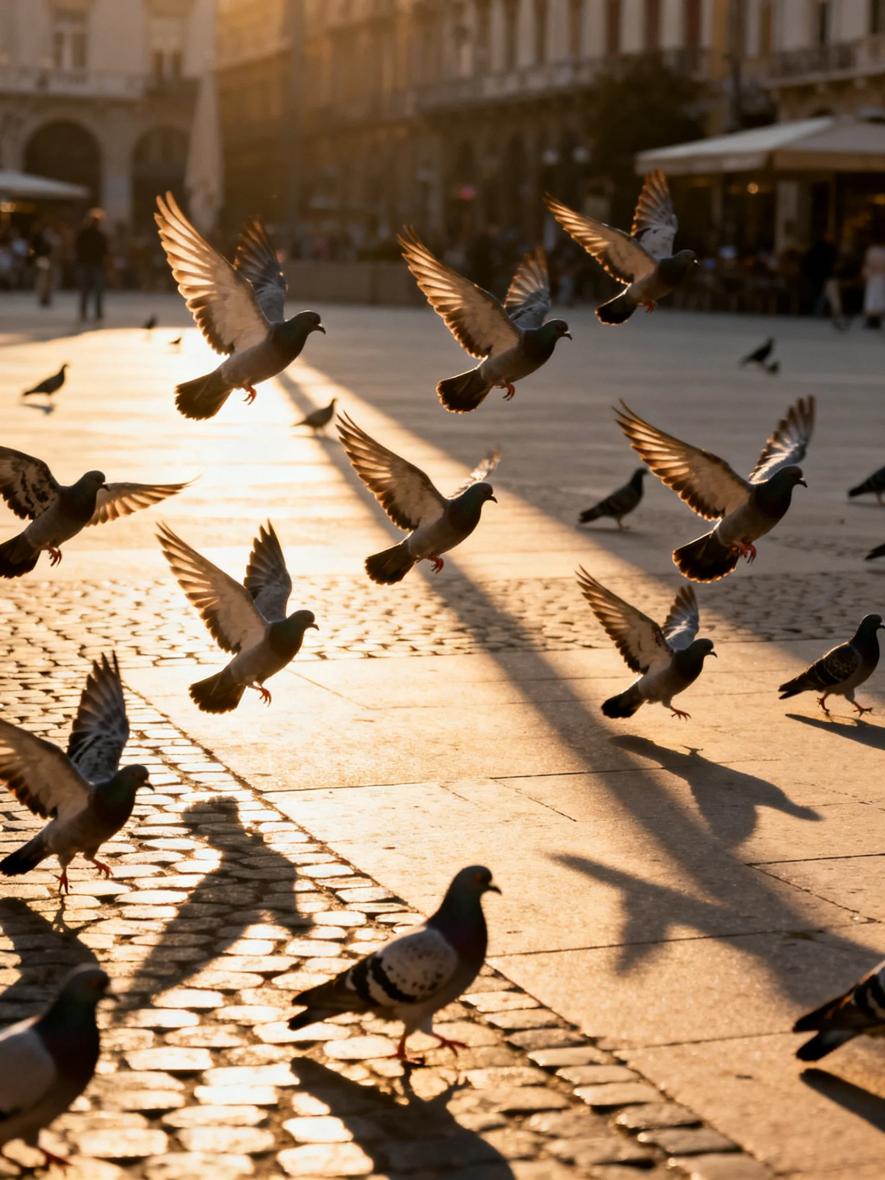 Pigeons fly and walk across a sunlit cobblestone plaza during golden hour.