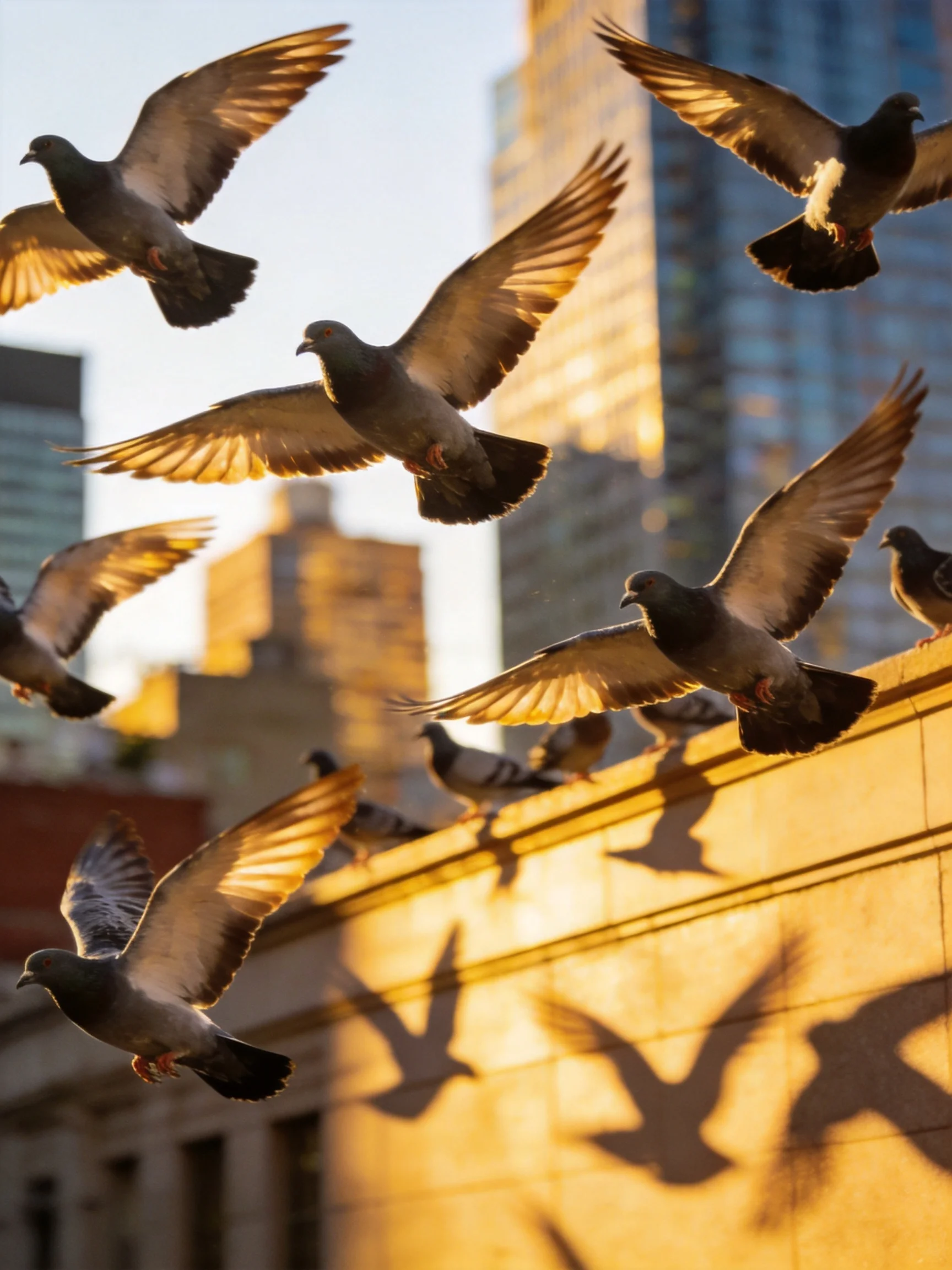 Pigeons fly and rest near city buildings lit by golden sunlight.