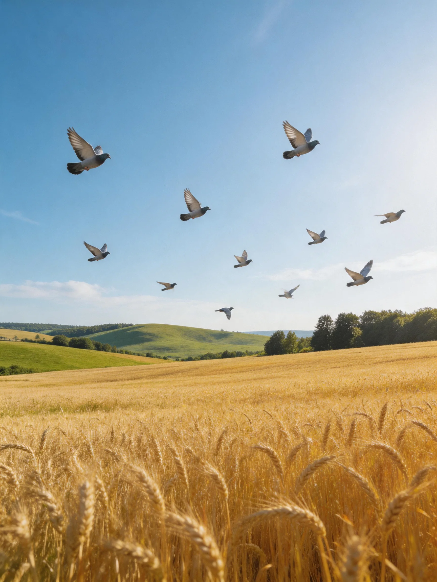 Golden wheat field with ten birds flying under bright blue sky