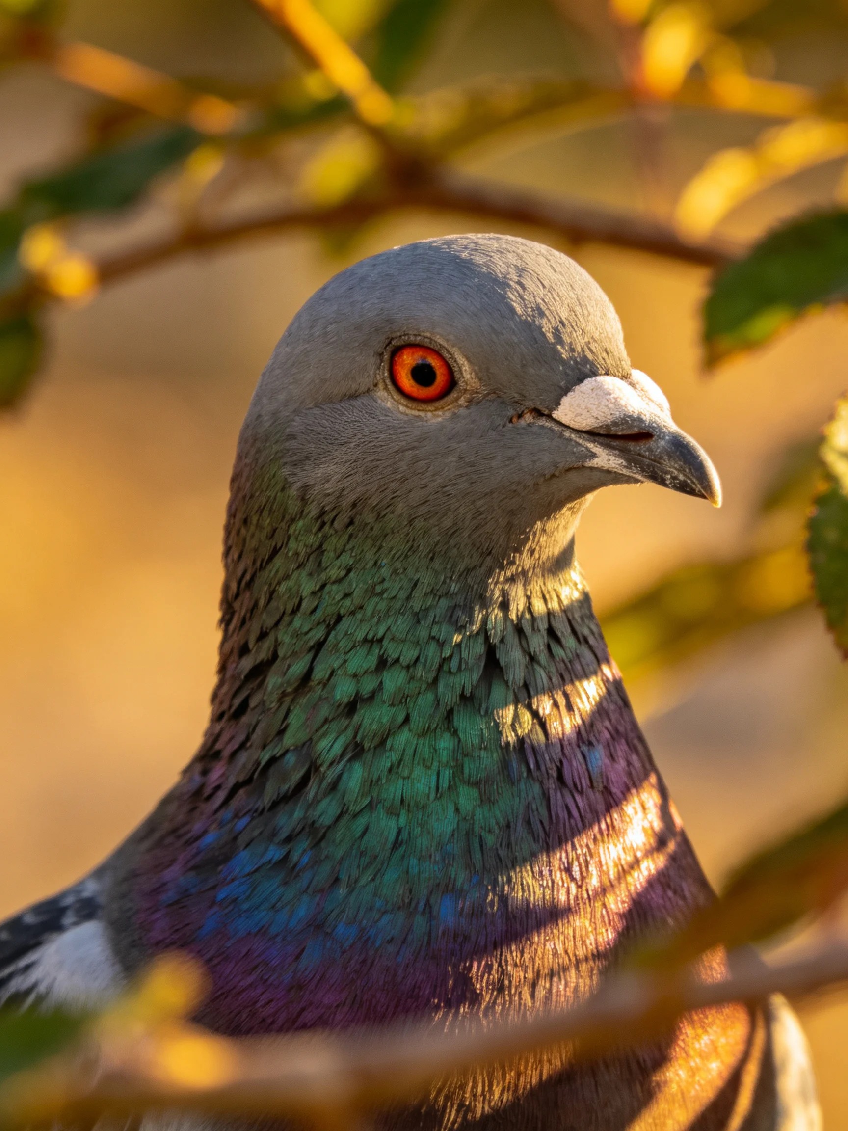 Gray - headed pigeon with iridescent green - purple neck feathers