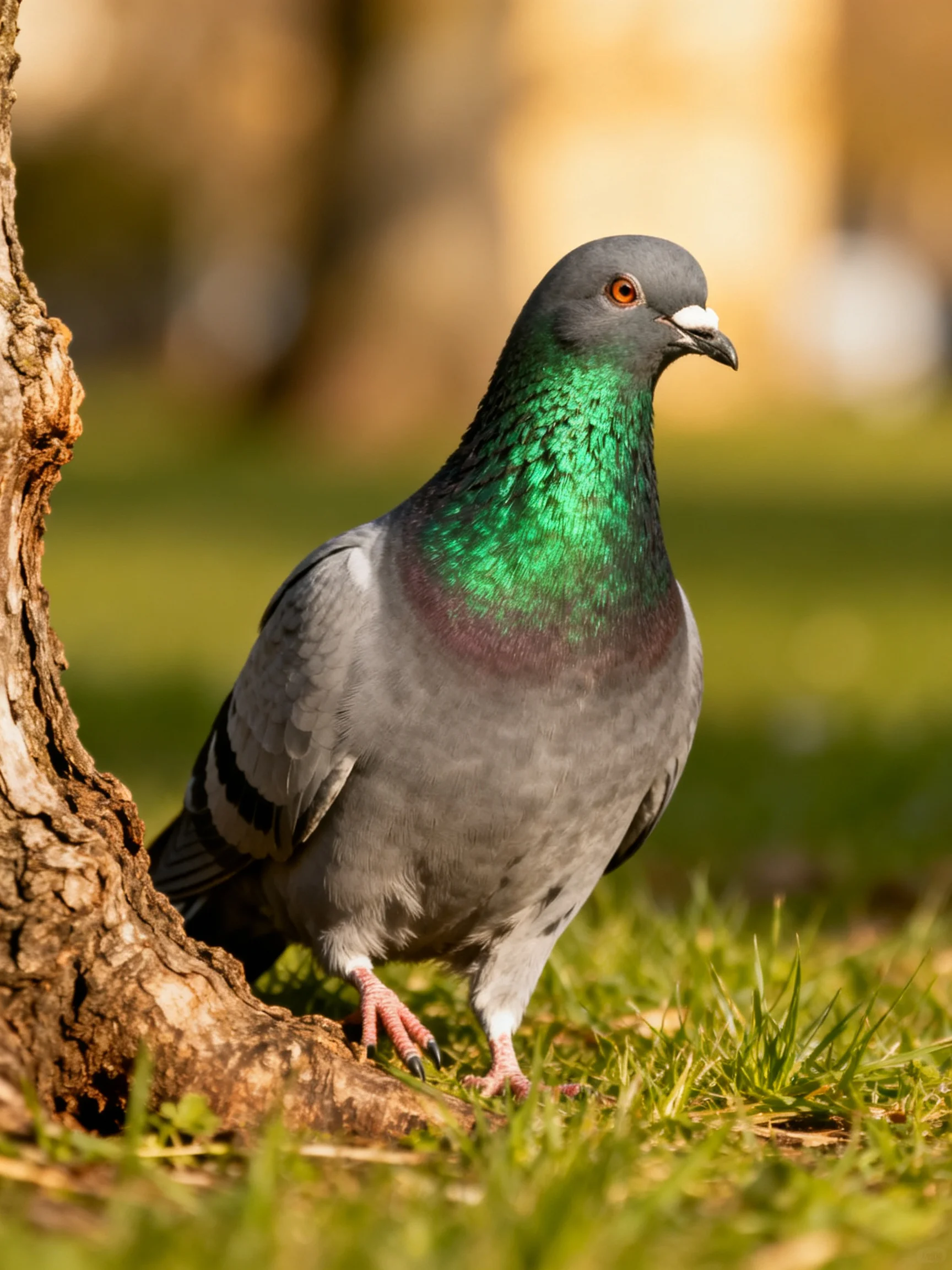 Gray Pigeon with Iridescent Green Neck Near Weathered Tree Trunk
