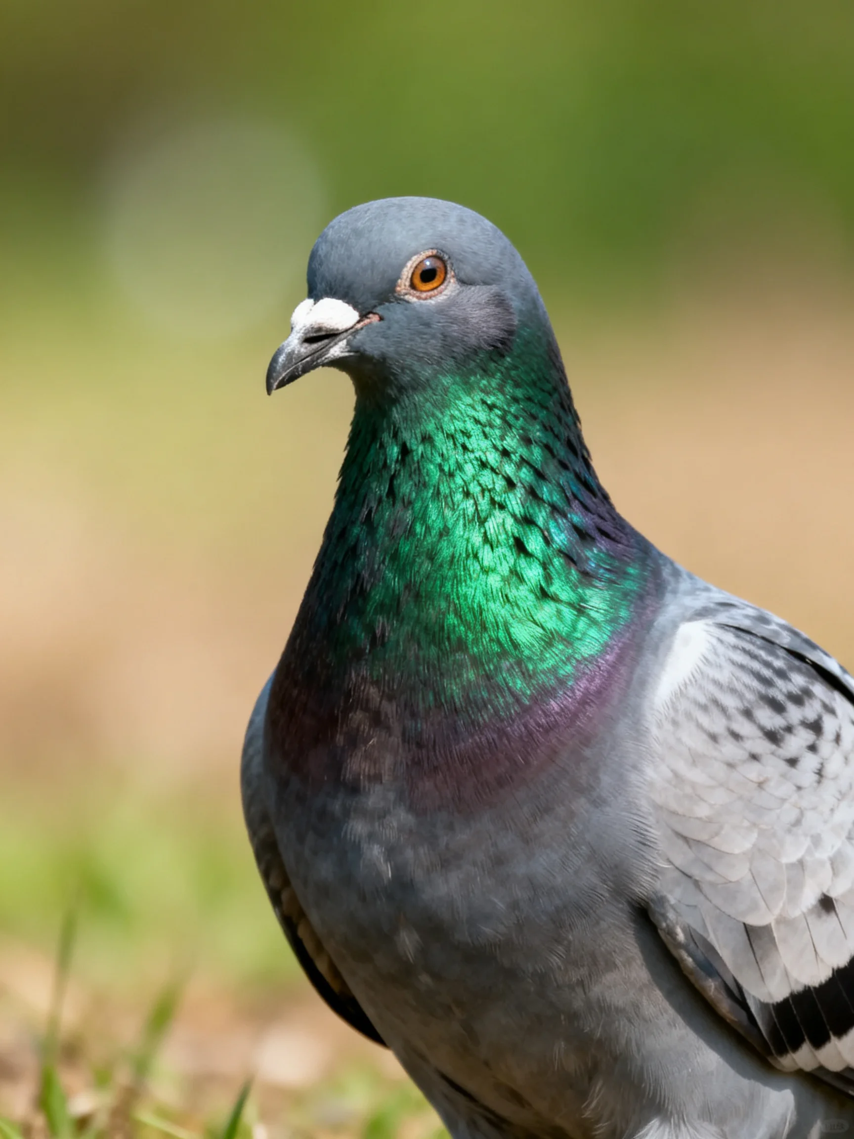 Gray Pigeon with Iridescent Green Neck in Softly Lit Environment