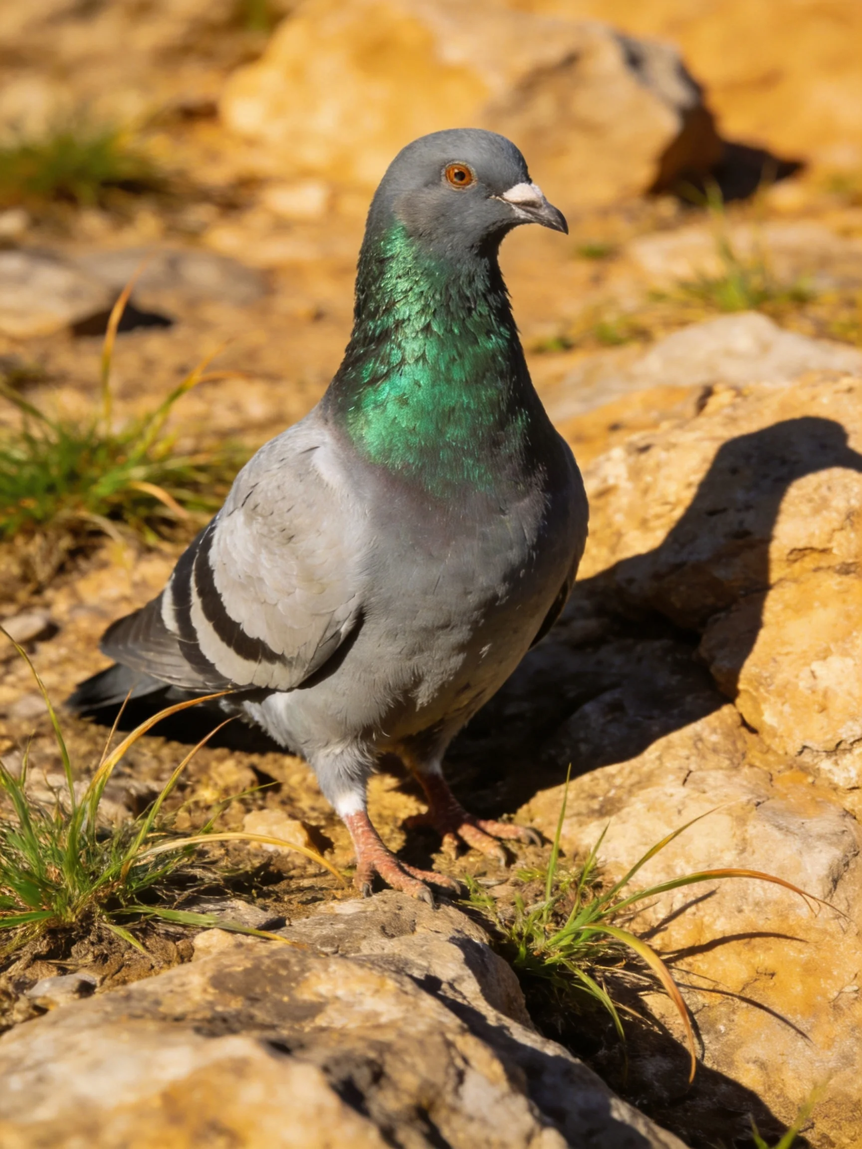 A gray pigeon stands on rocks near sparse vegetation.