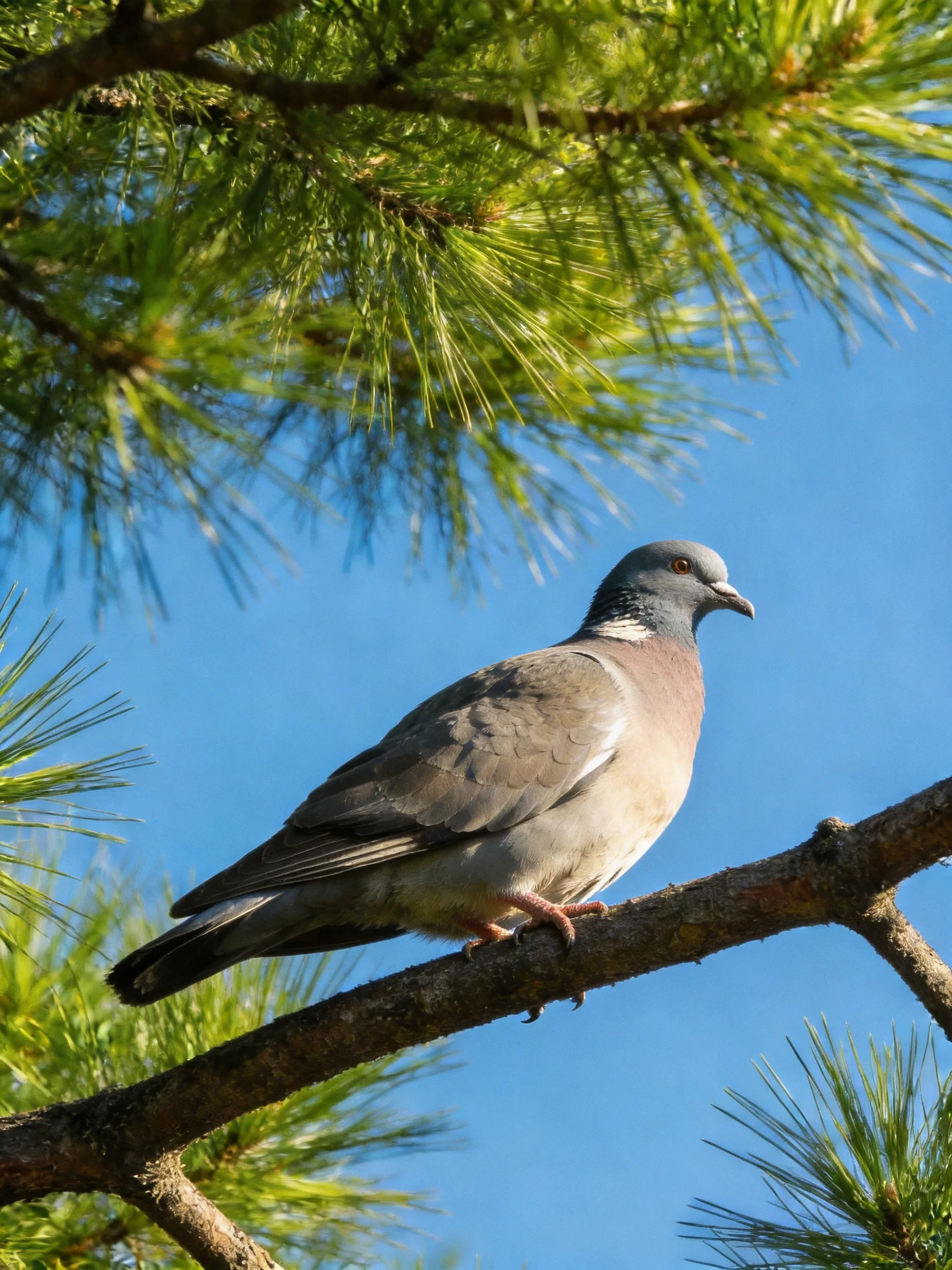 Gray and Pink Pigeon Perched on Brown Pine Branch with Green Needles
