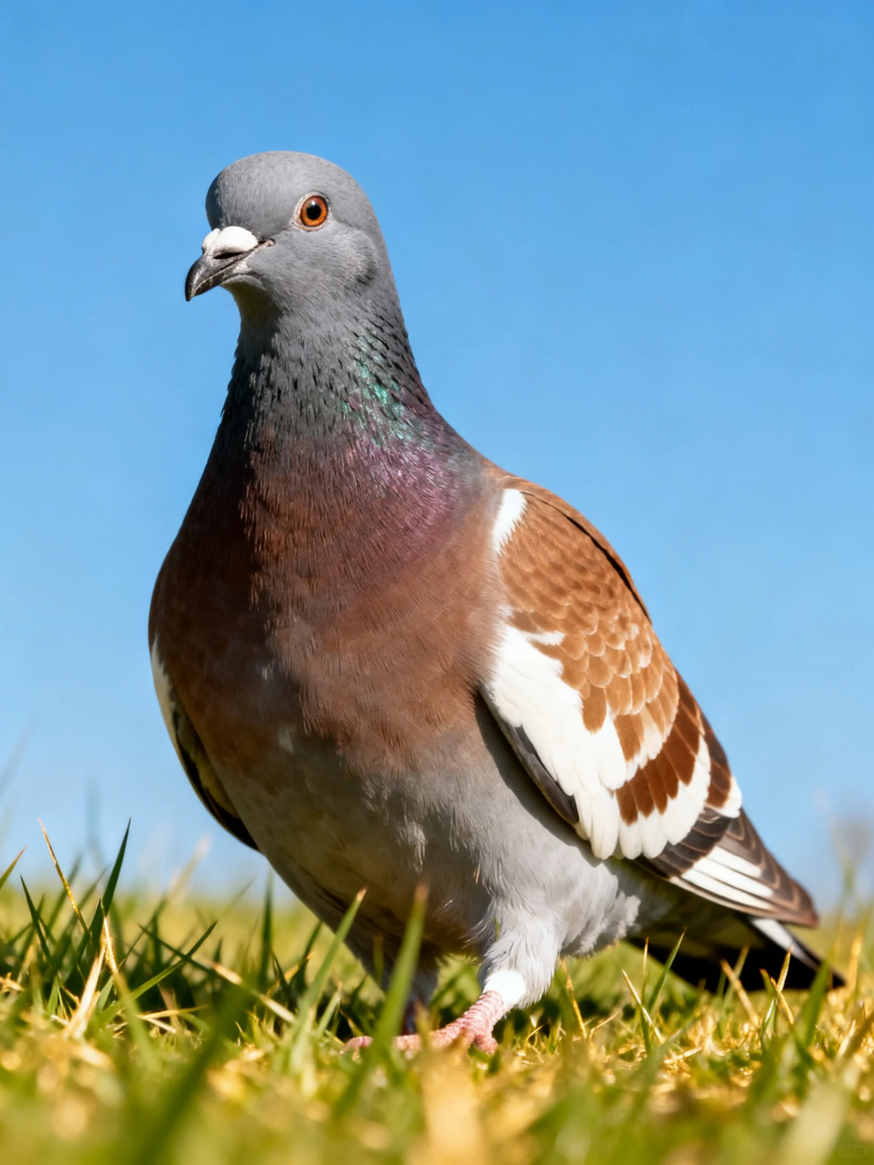Gray and brown pigeon with white wing patches on green grass
