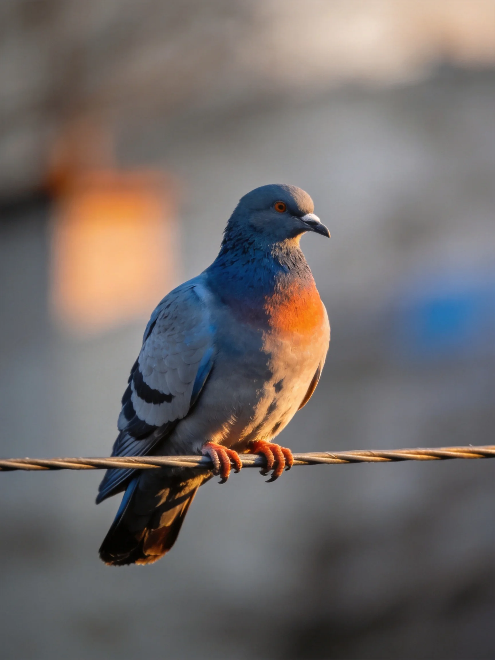 A gray and orange pigeon sits on a wire amid a blurred background.
