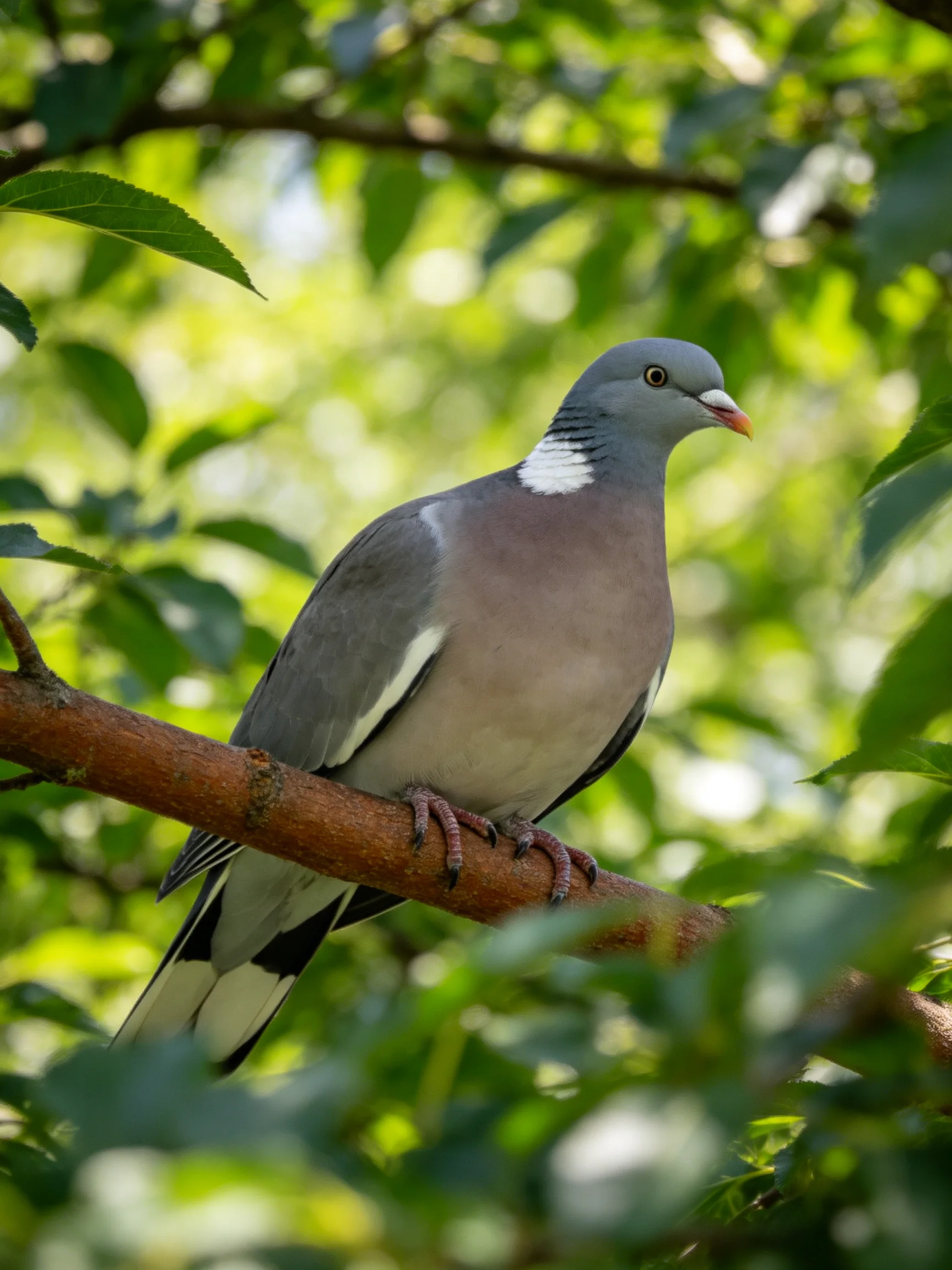 A gray and pink pigeon rests on a brown tree branch among green leaves.