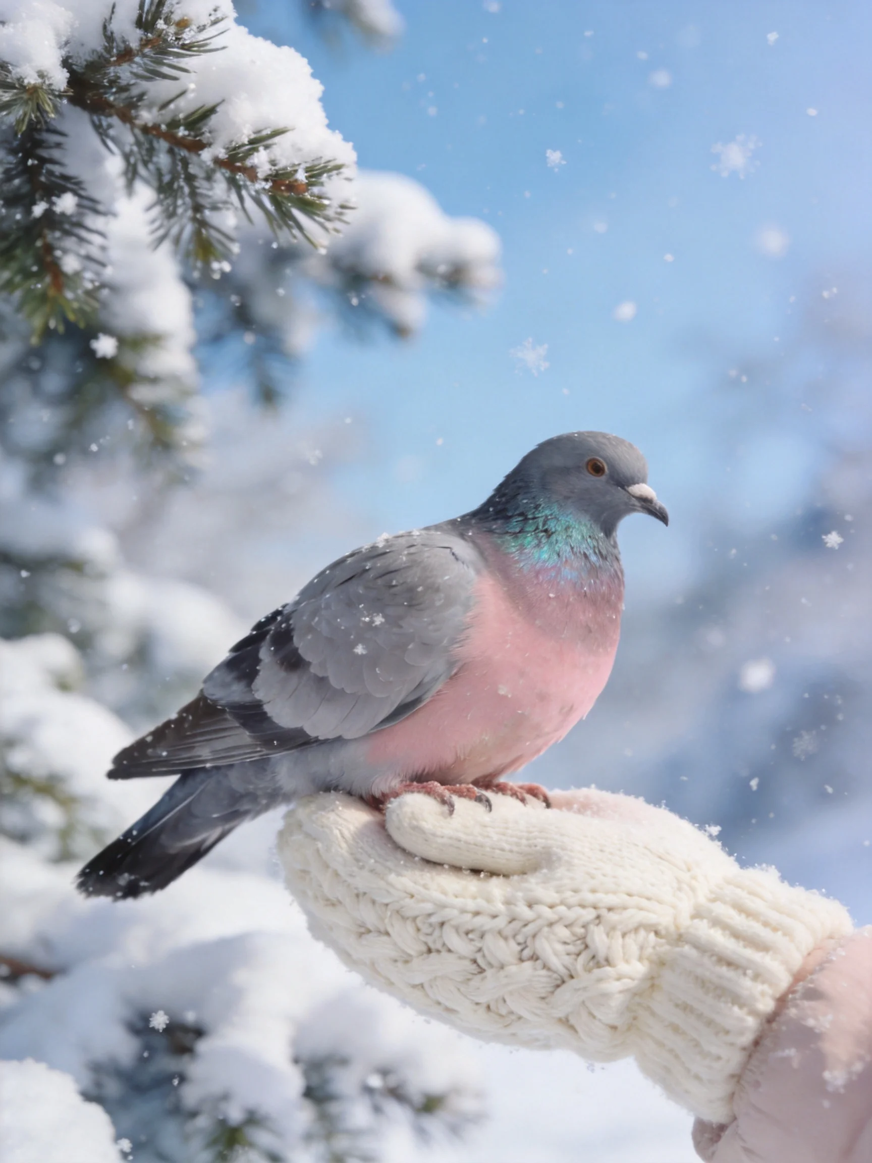 A pigeon sits calmly on a gloved hand during a snowy day.