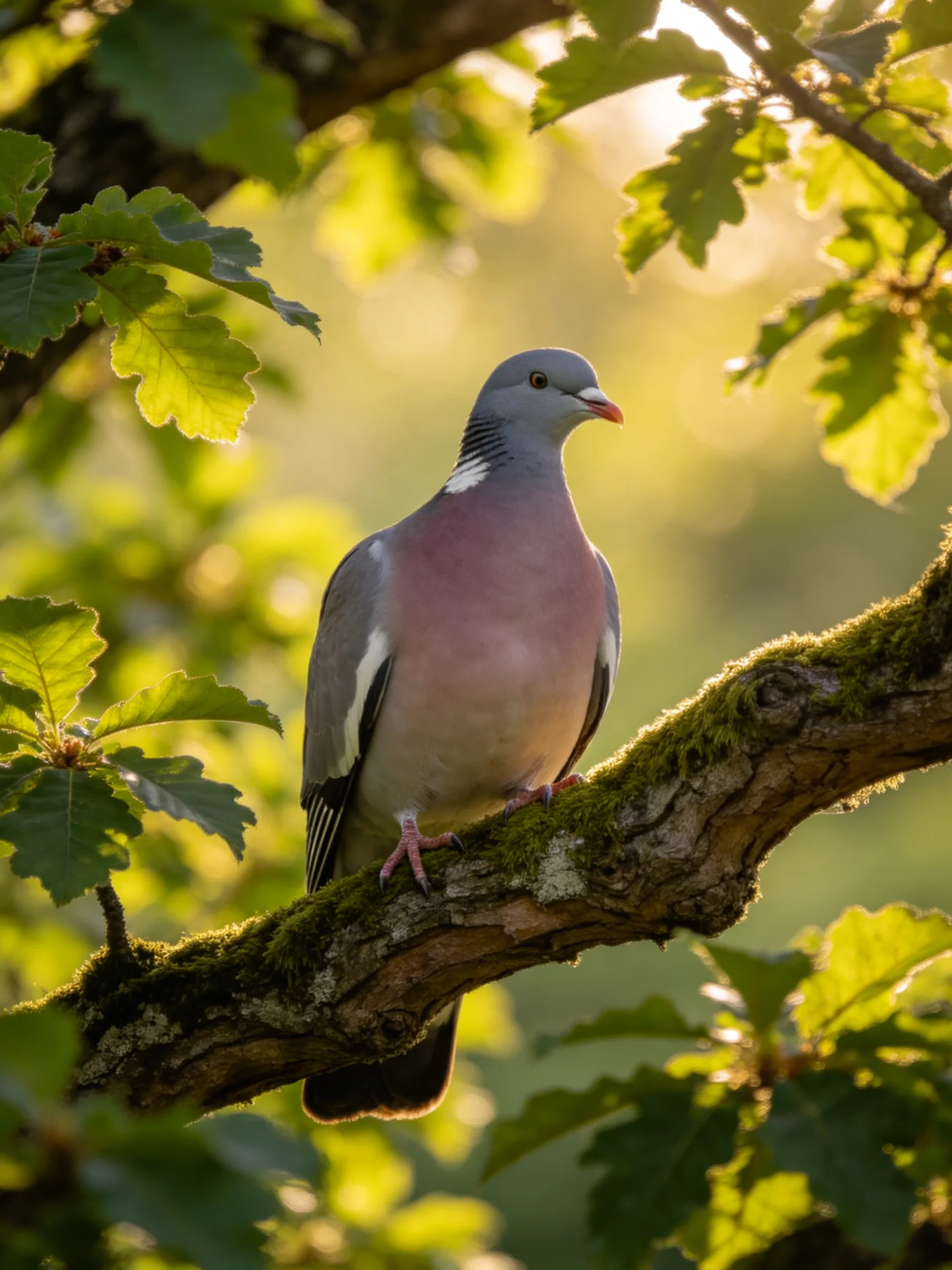 Gray and pink wood pigeon perched on mossy tree branch