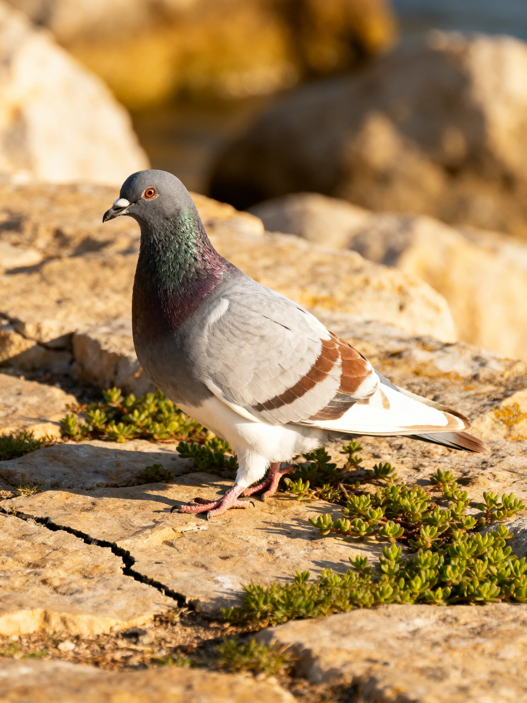 Gray and purple pigeon on cracked stone with small greenery
