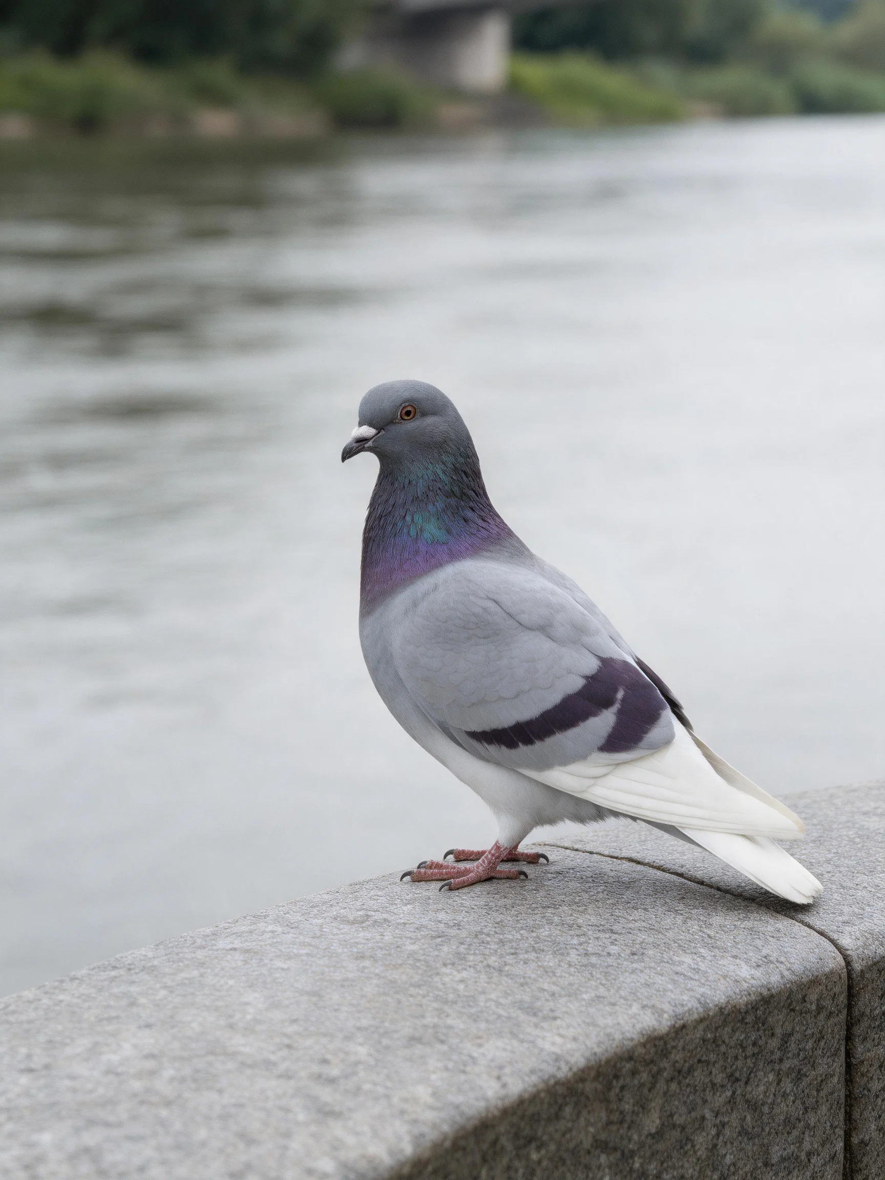 Gray and purple pigeon perched by a calm riverside ledge