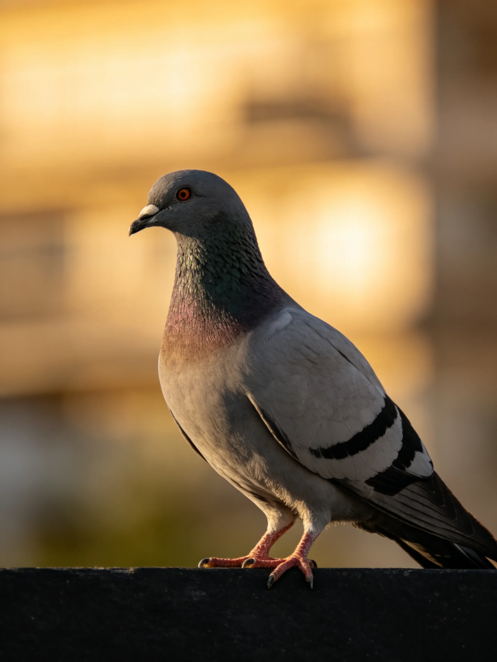 A gray and purple pigeon stands on a dark surface amid golden light.