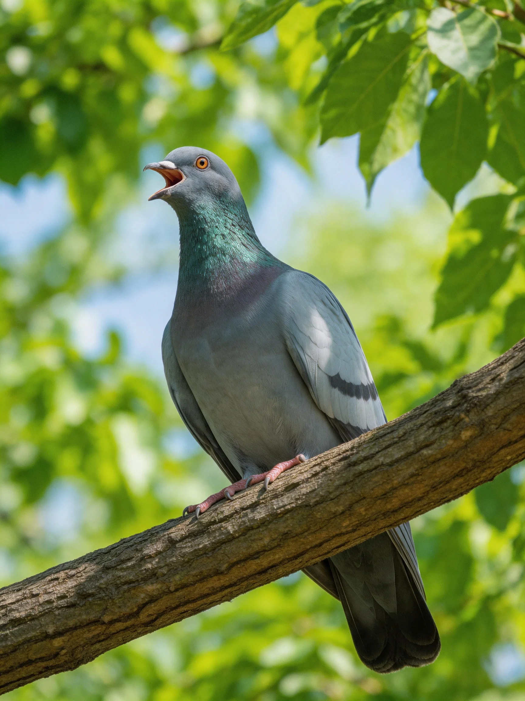 Gray and teal pigeon perched on a thick tree branch