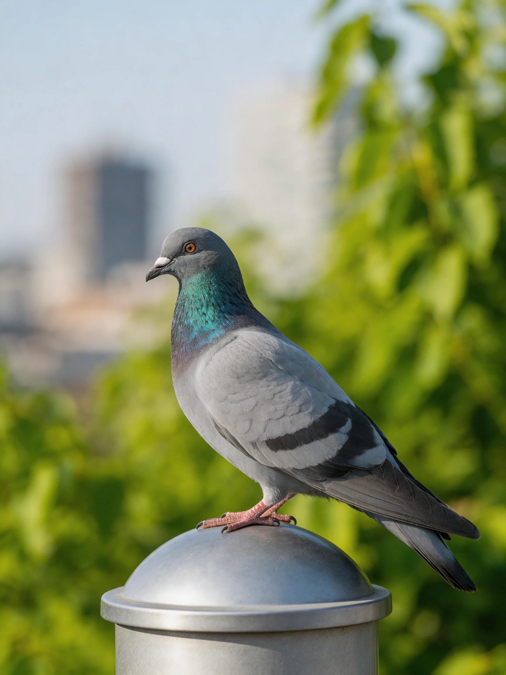 Gray and teal pigeon perched on metallic post near greenery