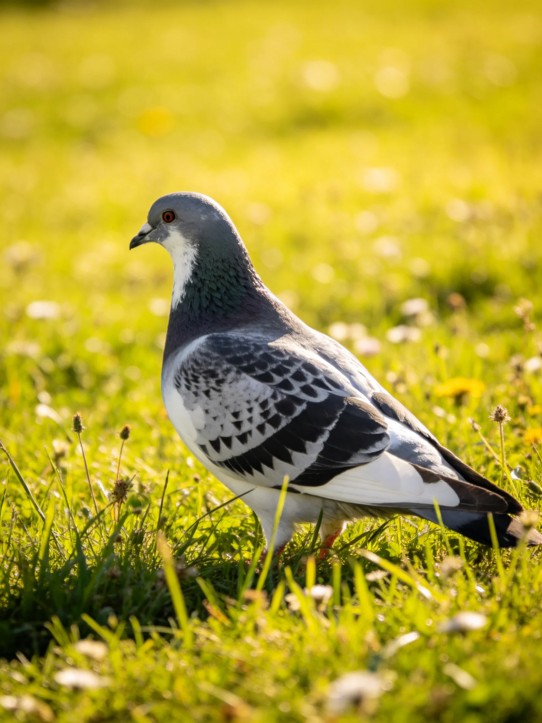 Gray and white pigeon amidst sunlit green grass with wildflowers