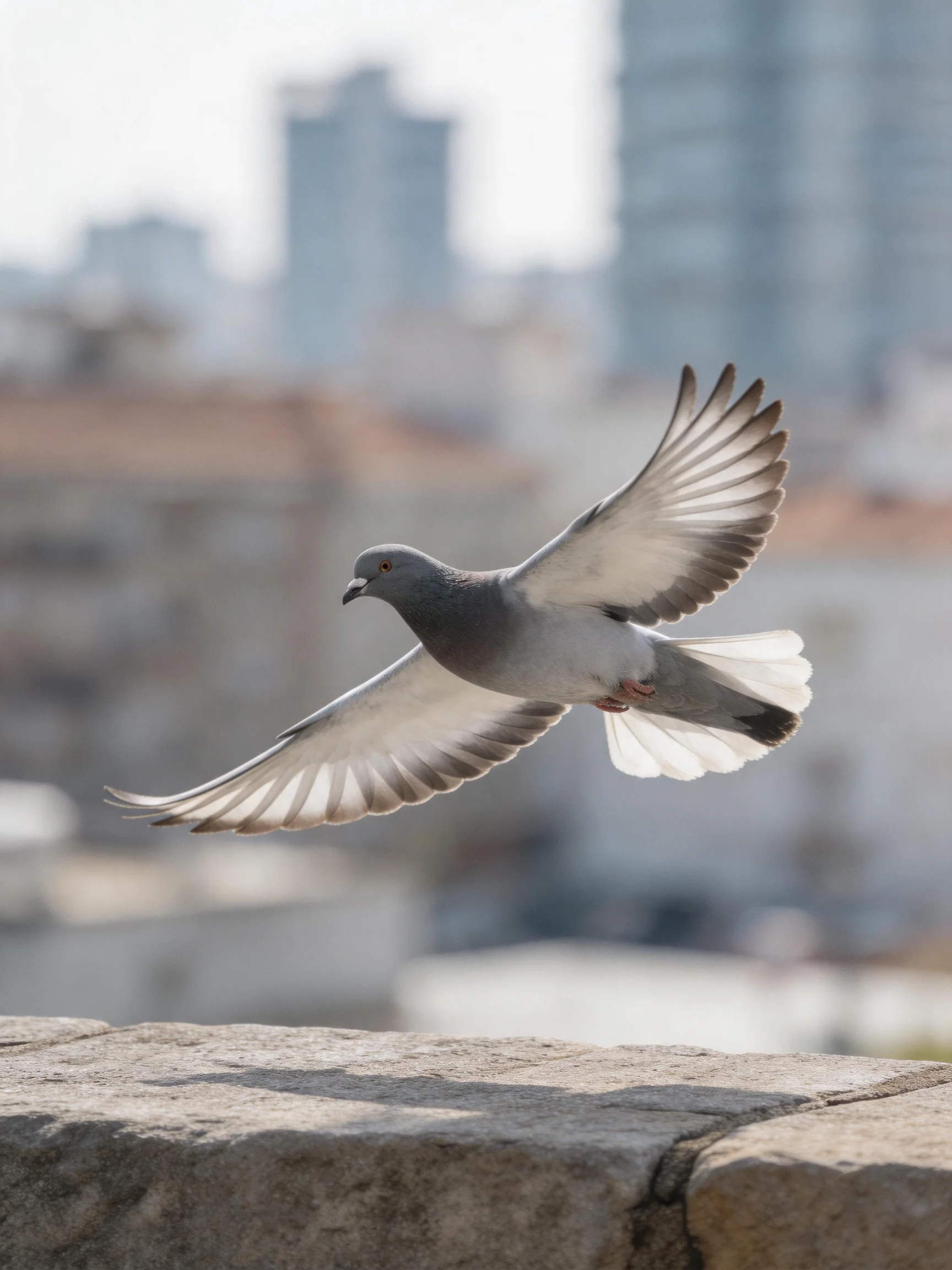 Gray and white pigeon flying near stone wall with city buildings
