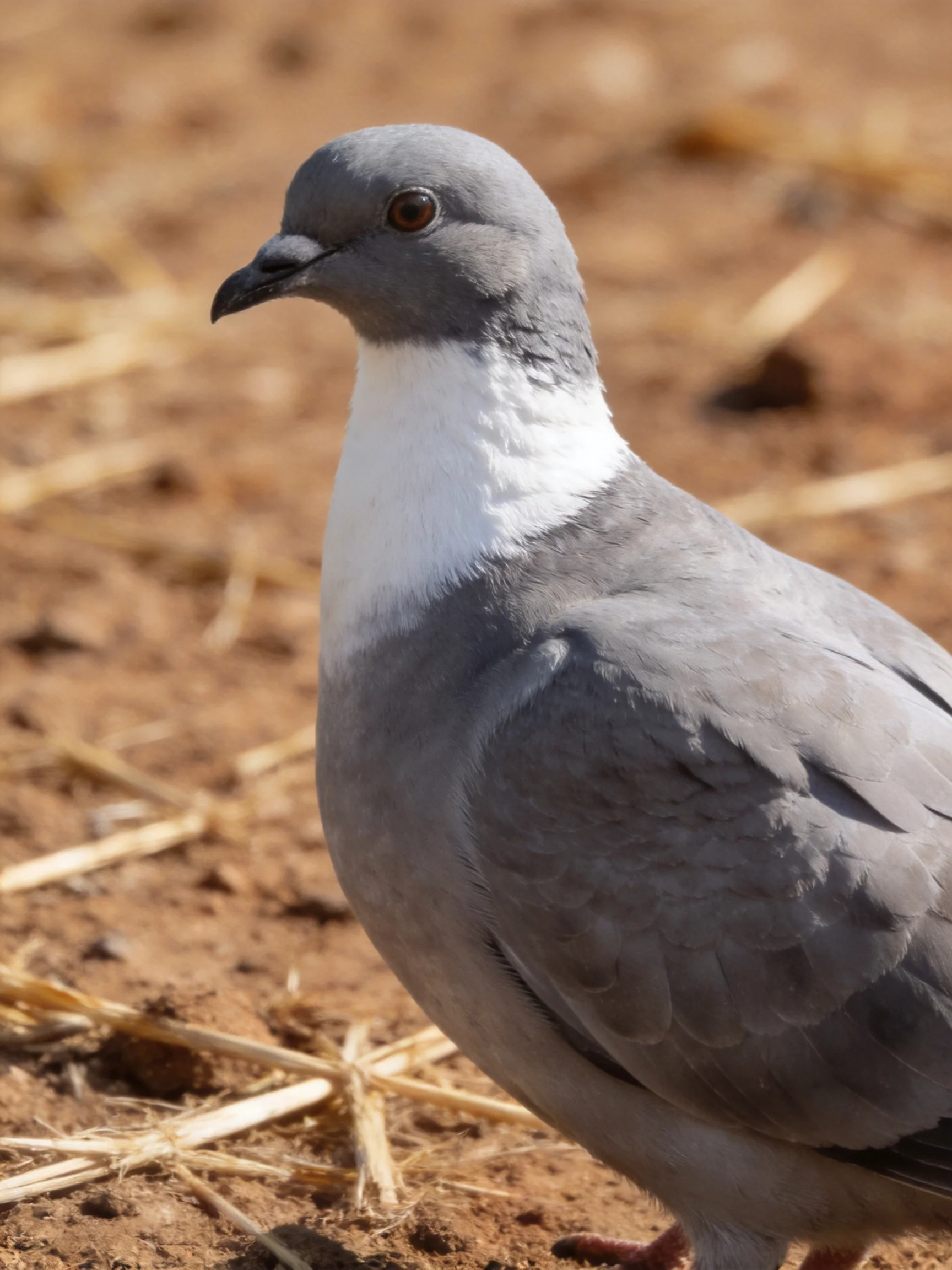 A gray and white pigeon stands on earth-dusted ground with straw.