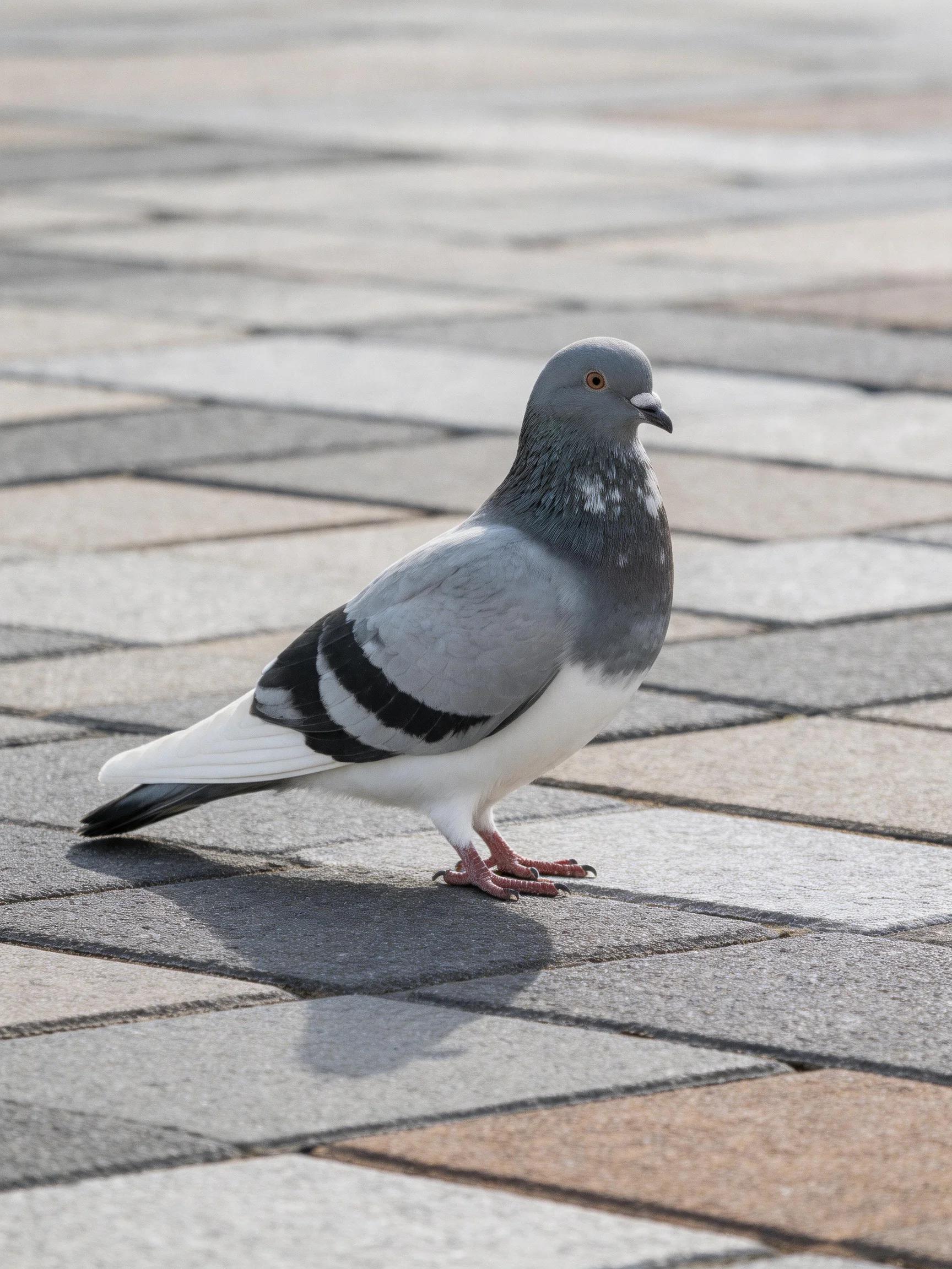 Gray and white pigeon on multicolored stone pavement