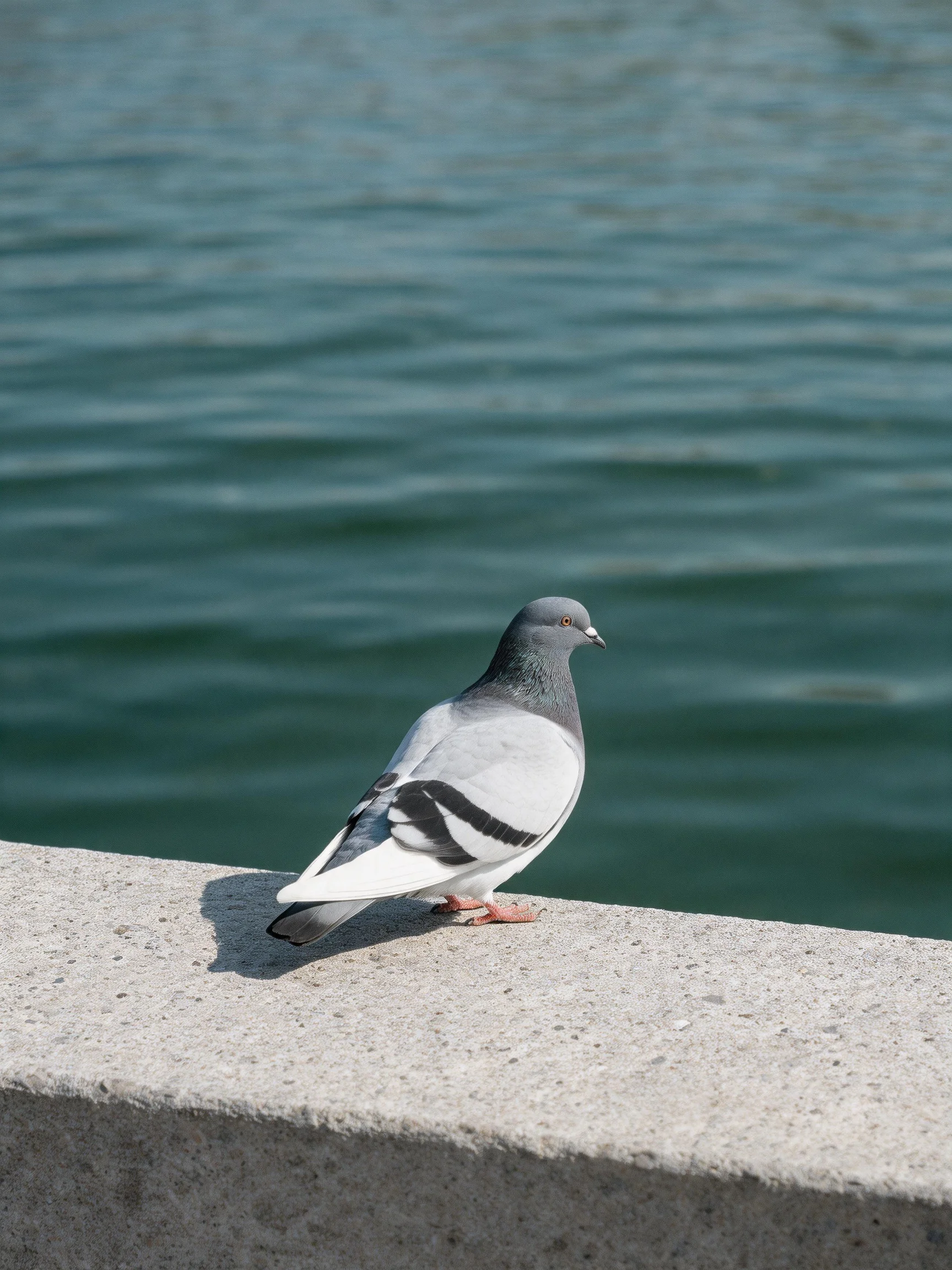 A pigeon stands on a concrete ledge beside tranquil water.