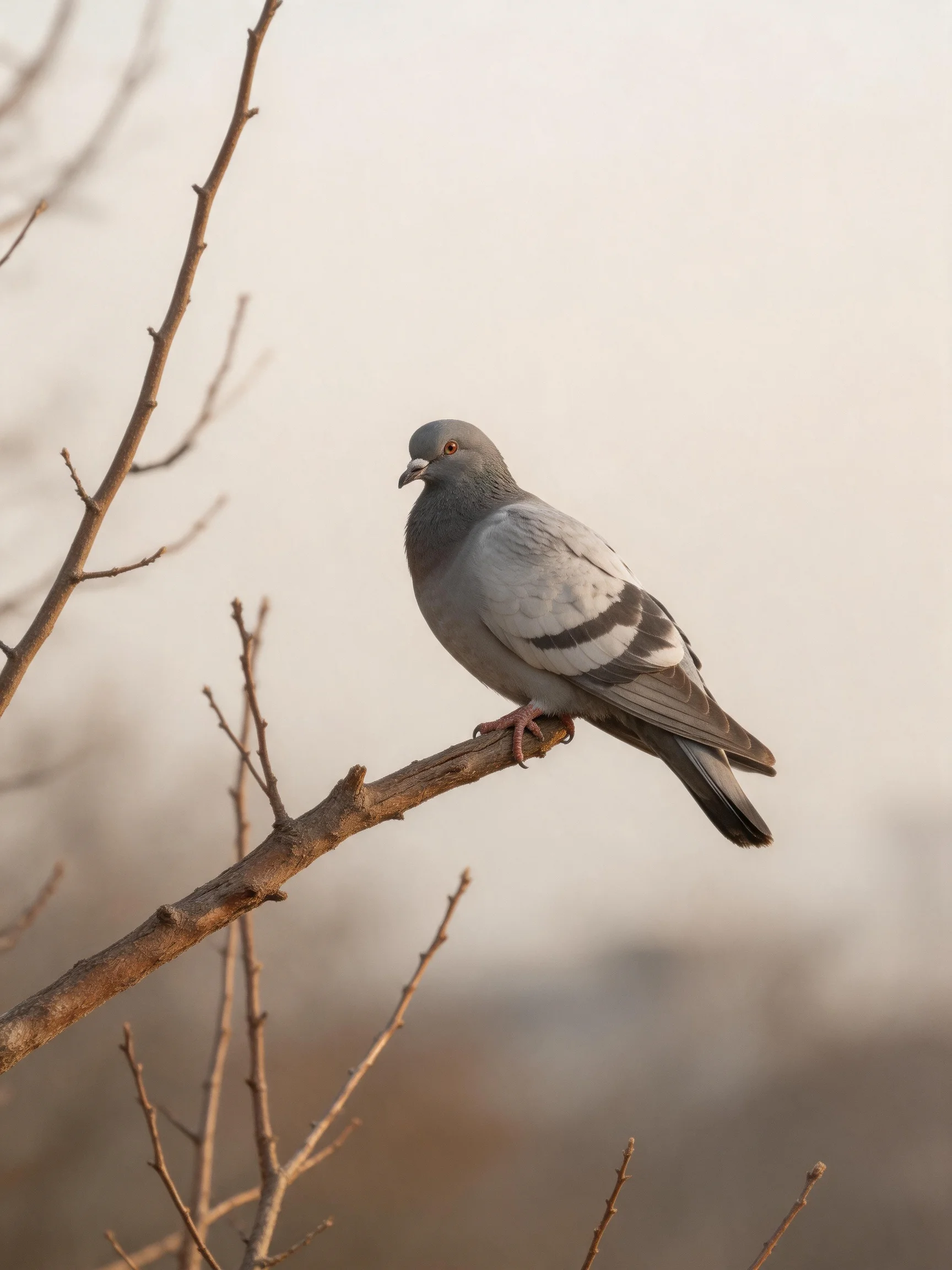 A gray and white pigeon rests on a bare brown tree branch.