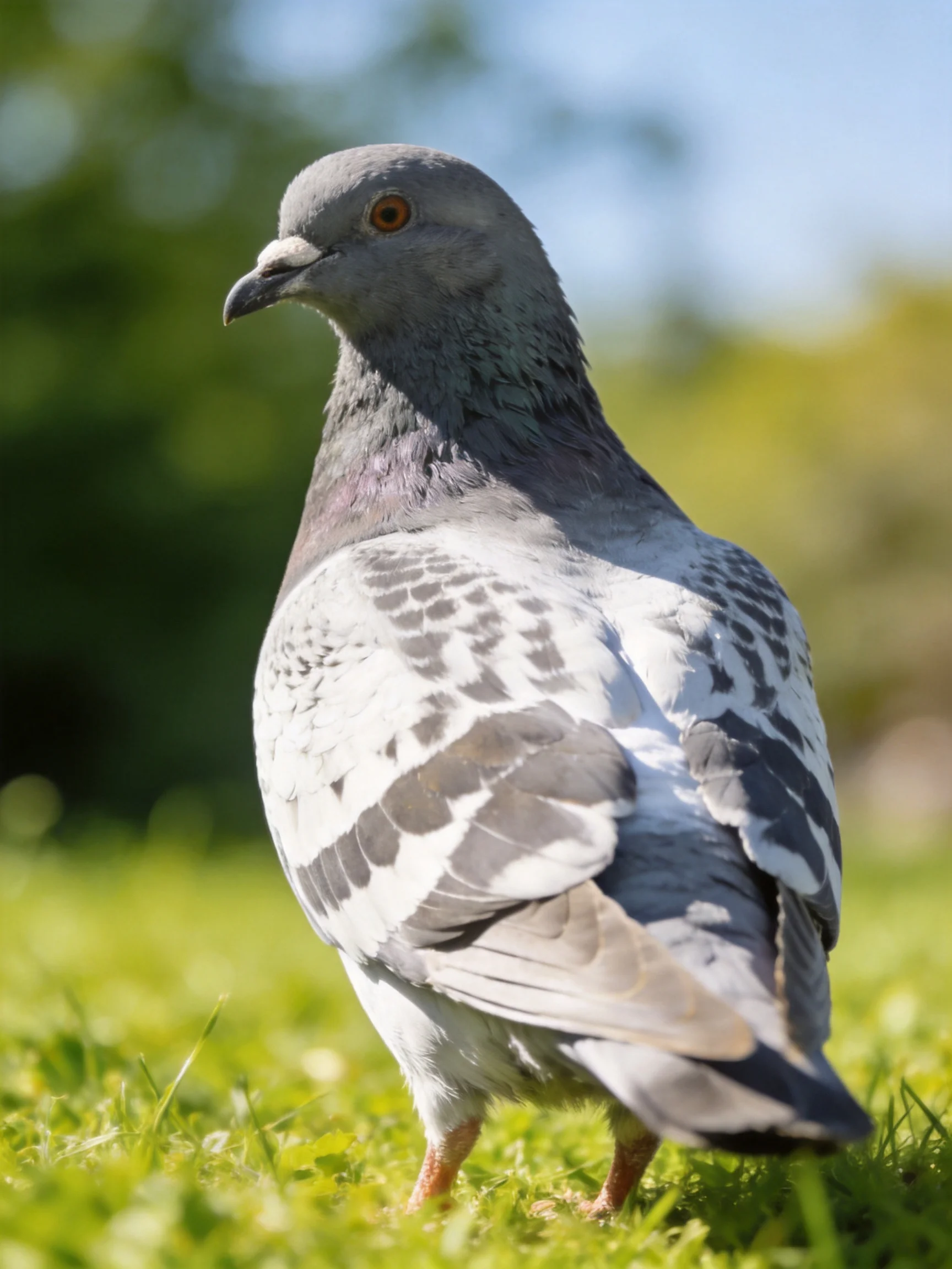 Gray and white pigeon standing on lush green grass