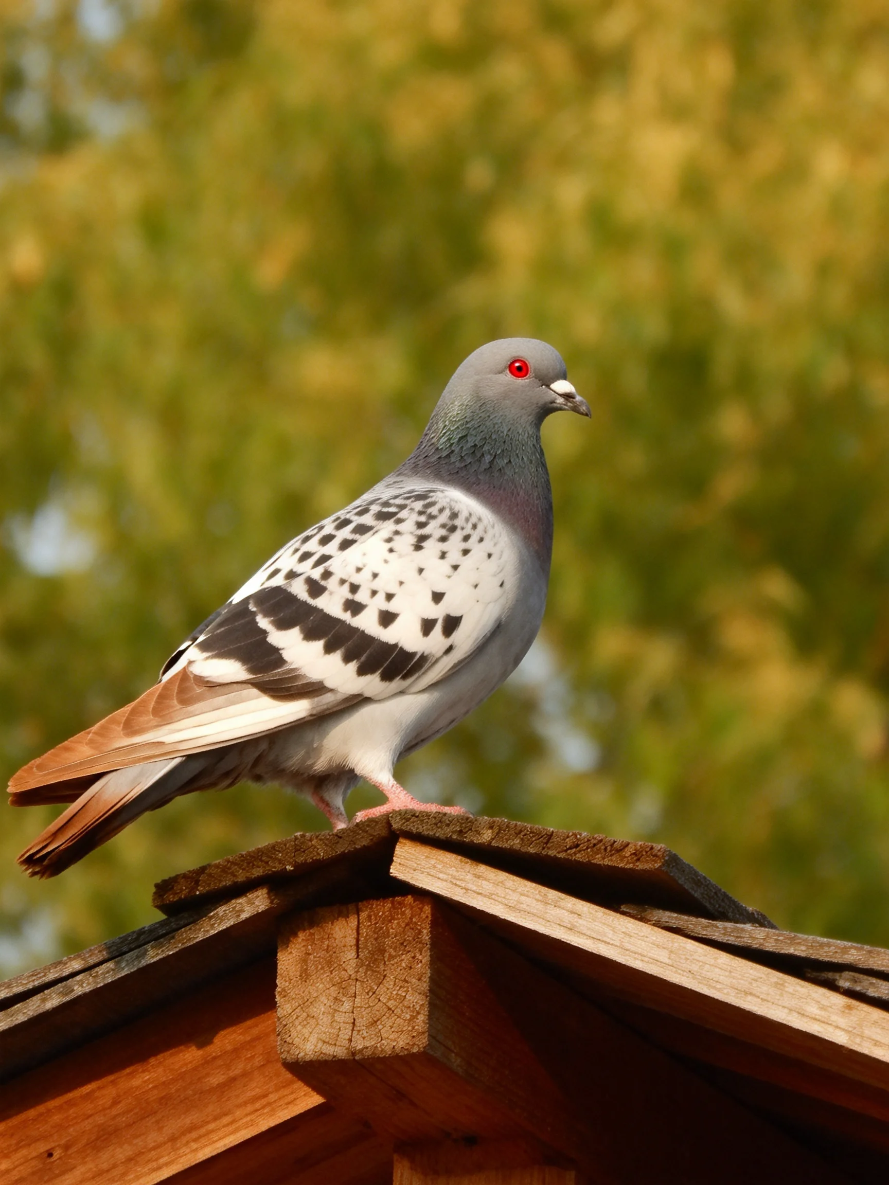 A gray and white spotted pigeon sits on a wooden roof with green foliage in the background.