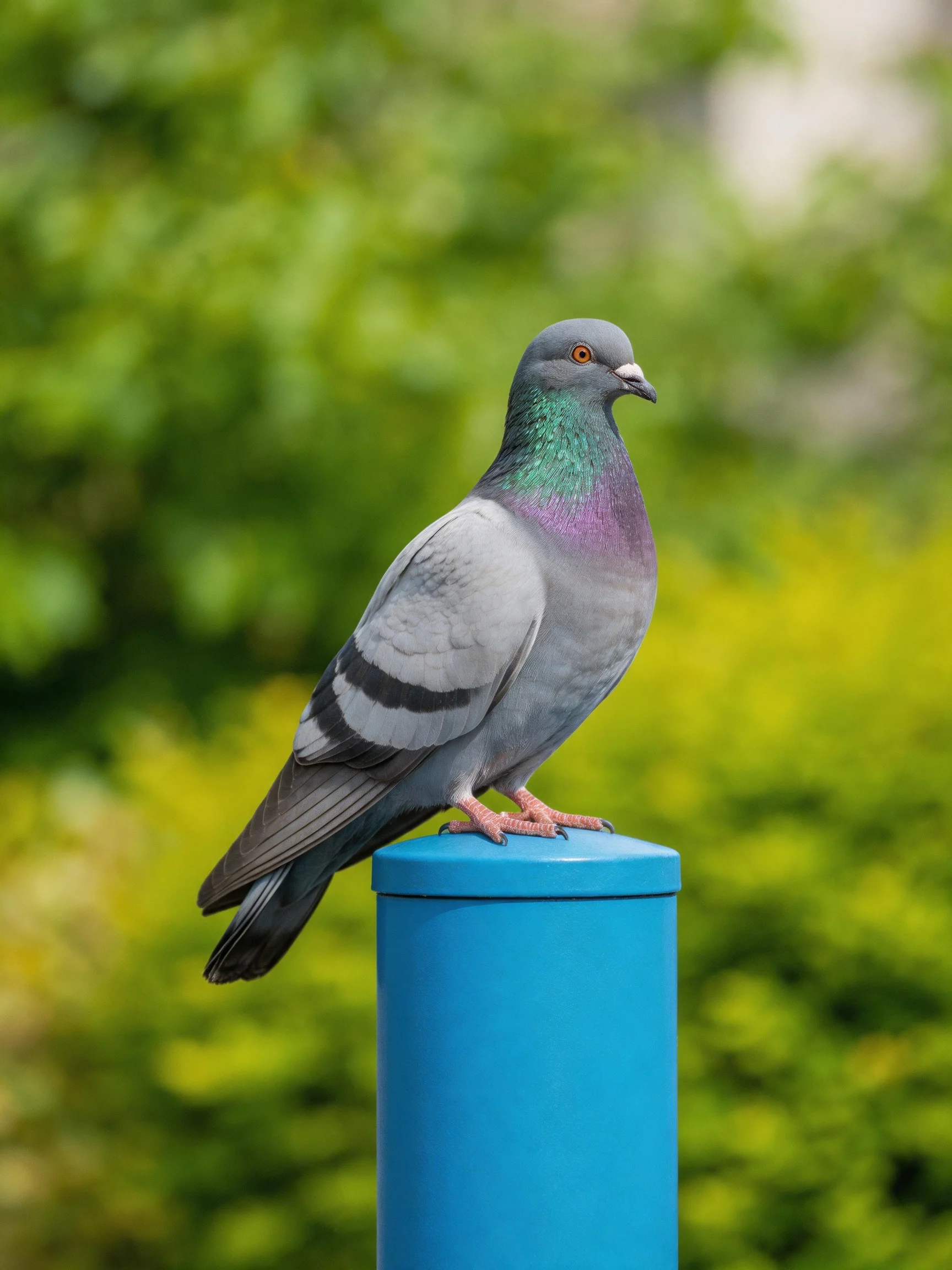 A pigeon with colorful plumage sits atop a bright blue post.