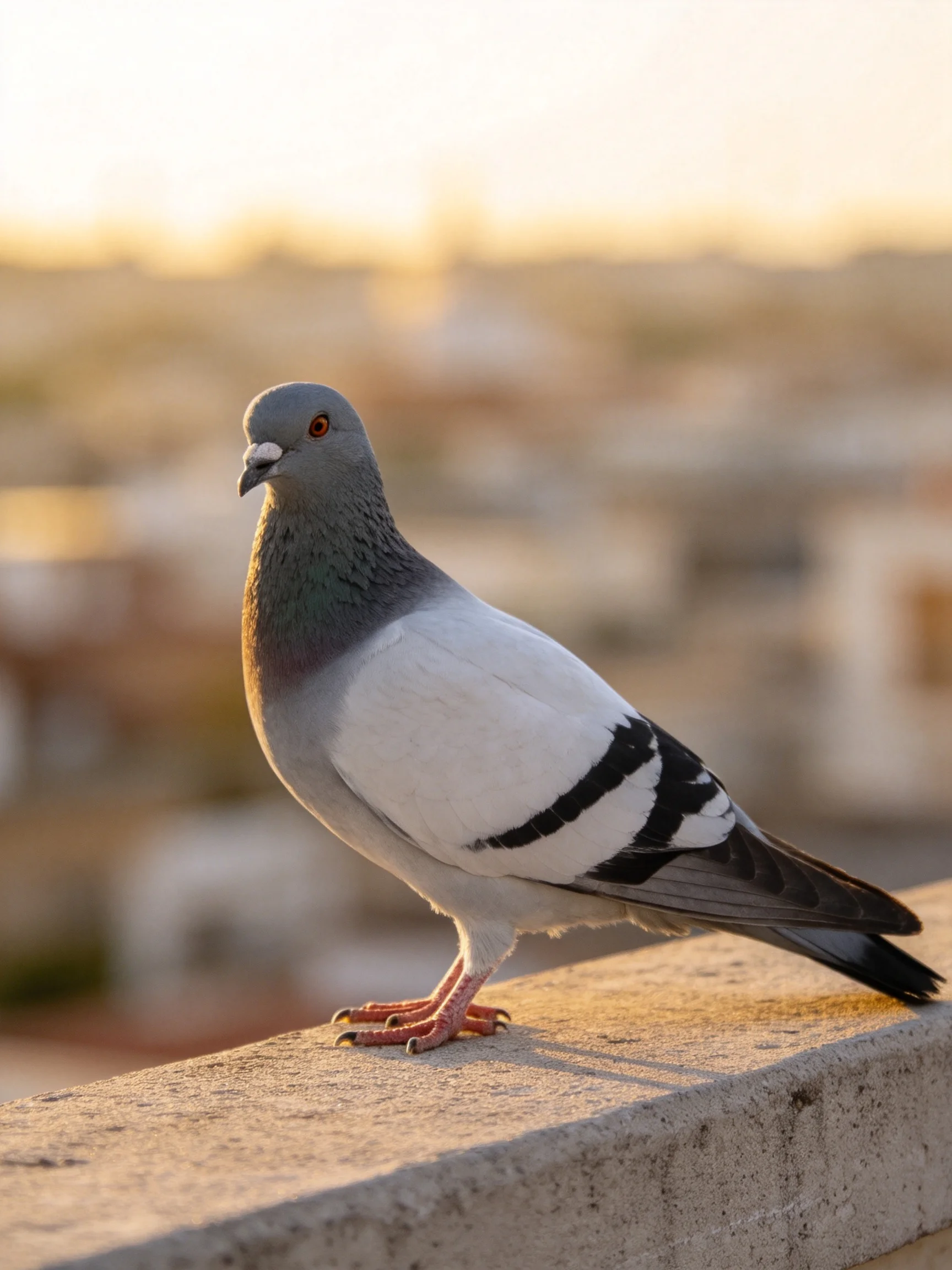 Gray-headed pigeon with black-striped wings on concrete ledge at sunset