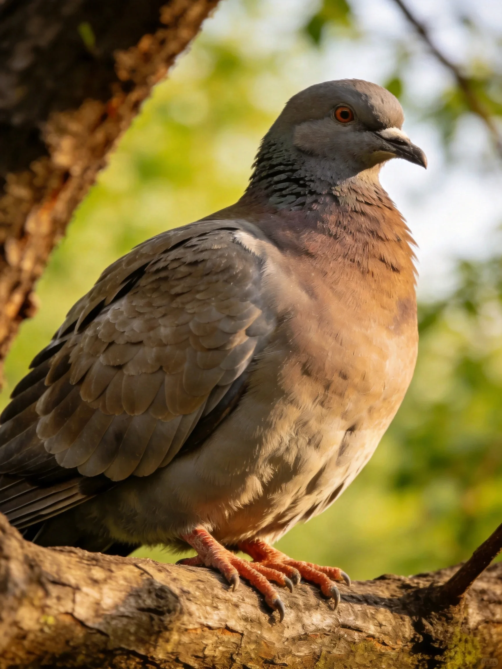 Gray-headed pigeon with brown chest perched on a gnarled tree branch
